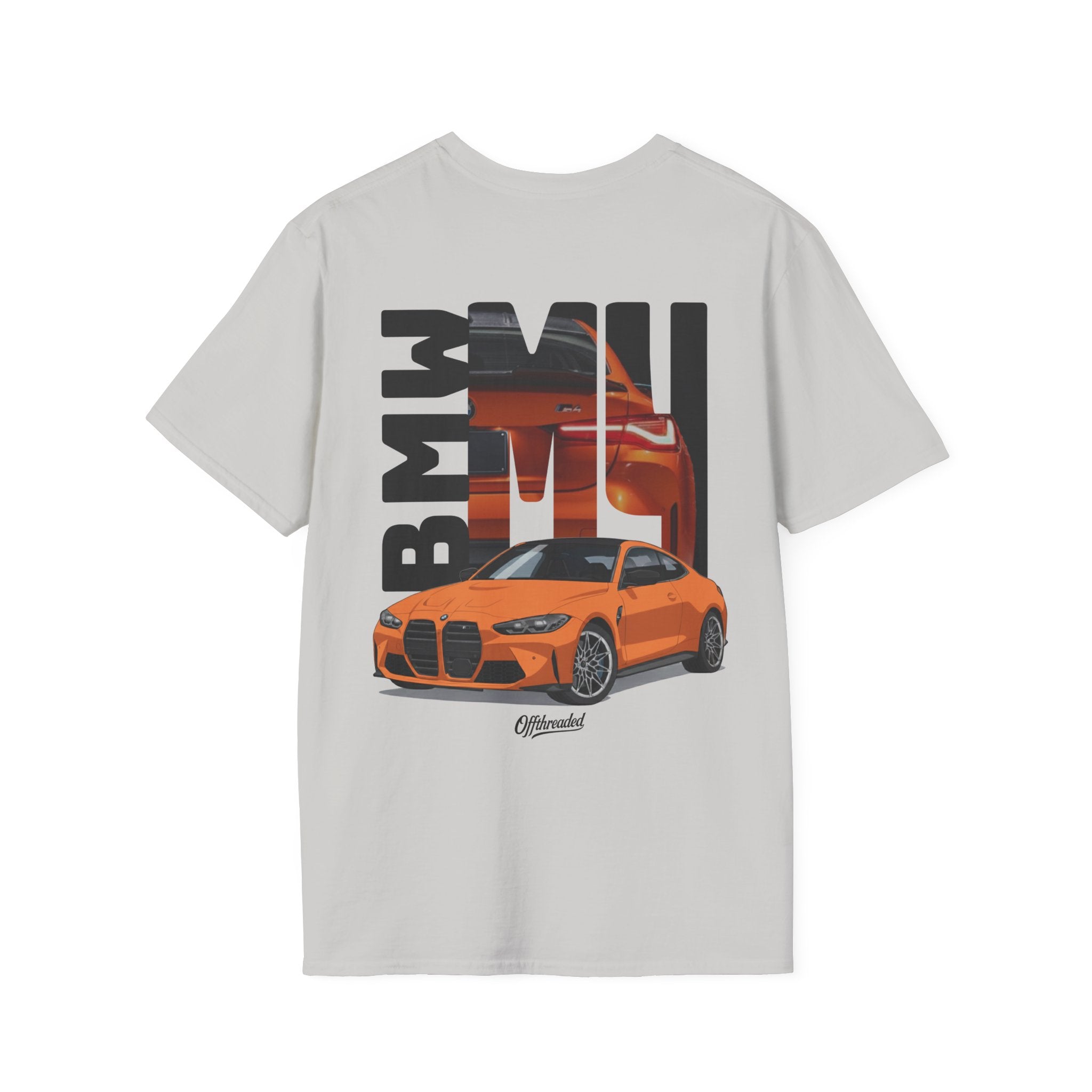 White t-shirt with orange BMW car graphic on a white background