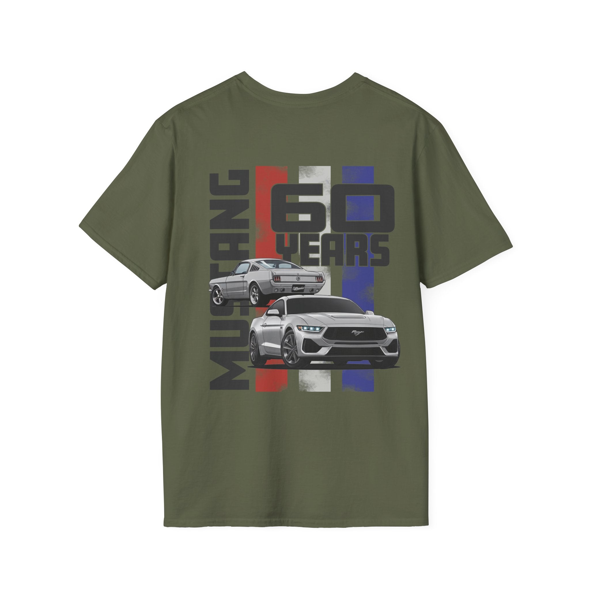 Green t-shirt with Ford Mustang graphic and '60 Years' text on a white background
