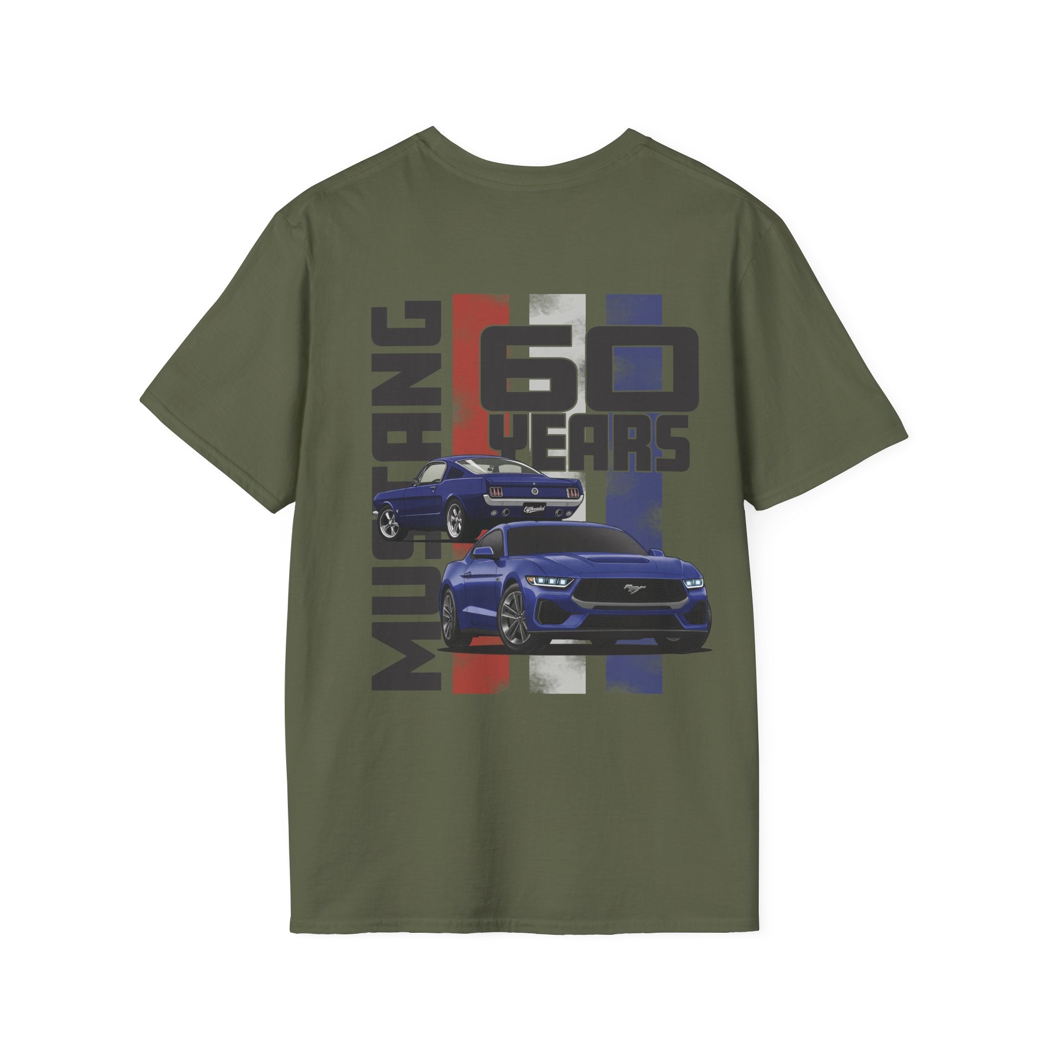 Green t-shirt with Ford Mustang graphic and '60 Years' text on a white background