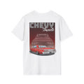 White t-shirt with a graphic of a red Chevrolet Impala and 'Chevy Impala' text on a white background