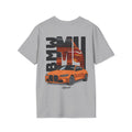 Gray t-shirt with orange BMW car graphic on a white background