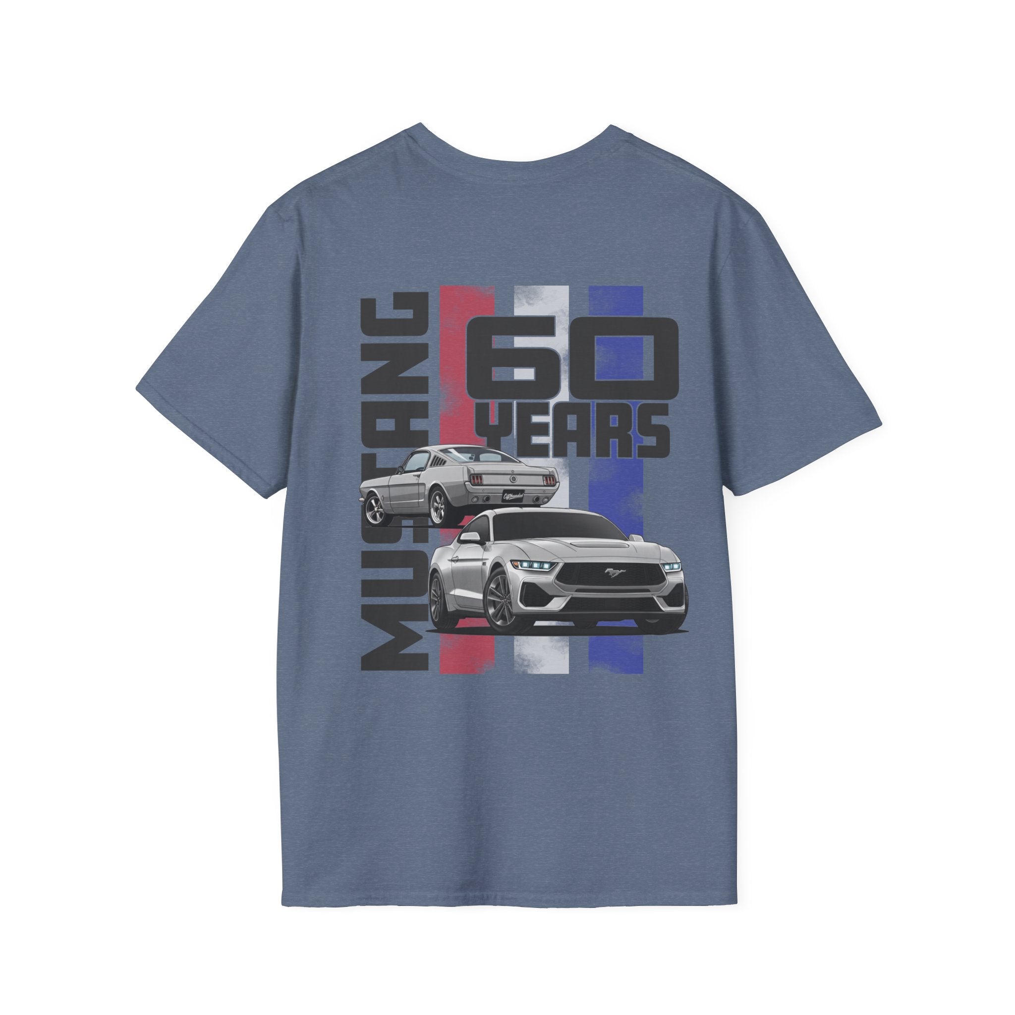 Blue t-shirt with Ford Mustang 60th anniversary graphic on a white background