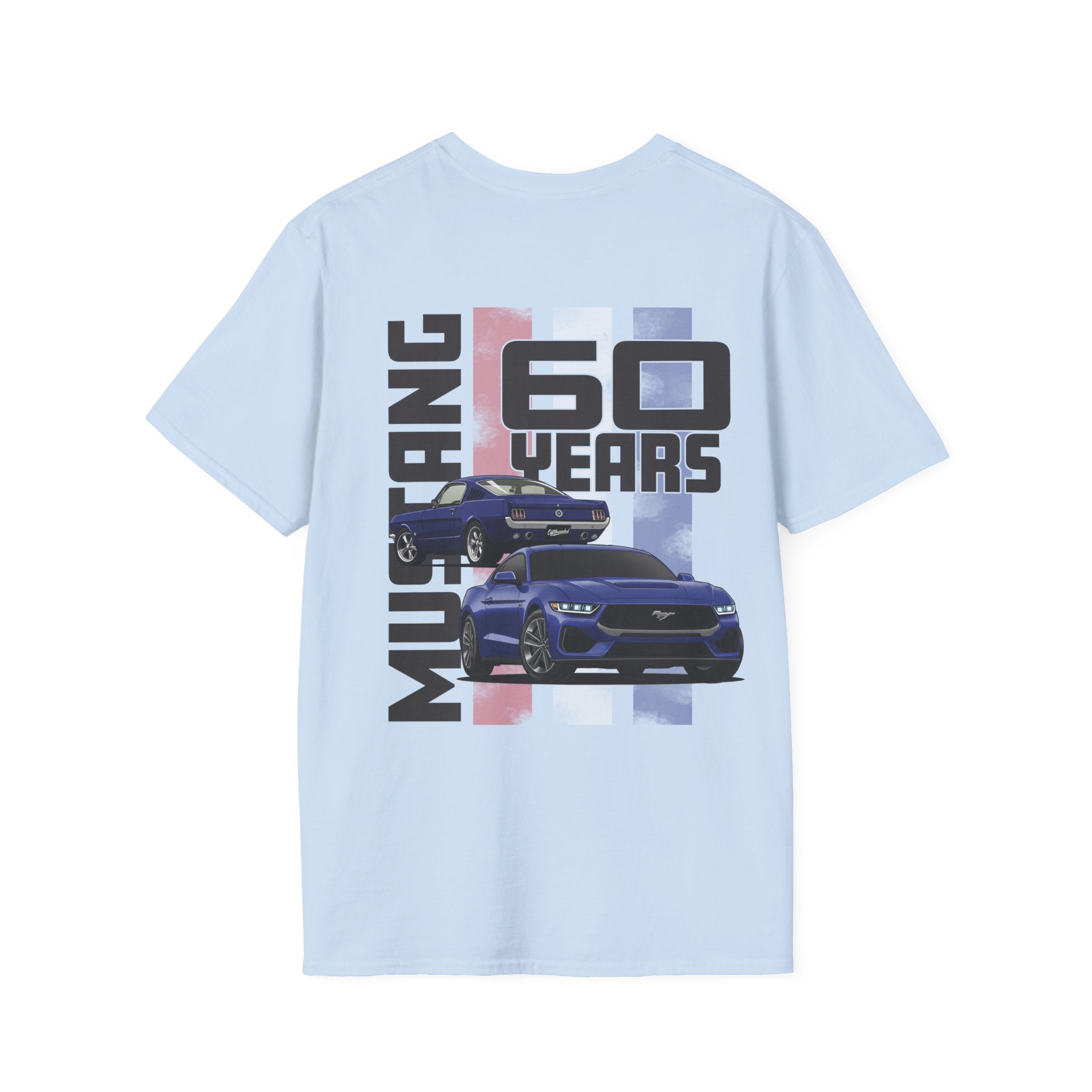 Light blue t-shirt with Ford Mustang graphic and '60 Years' text on a white background