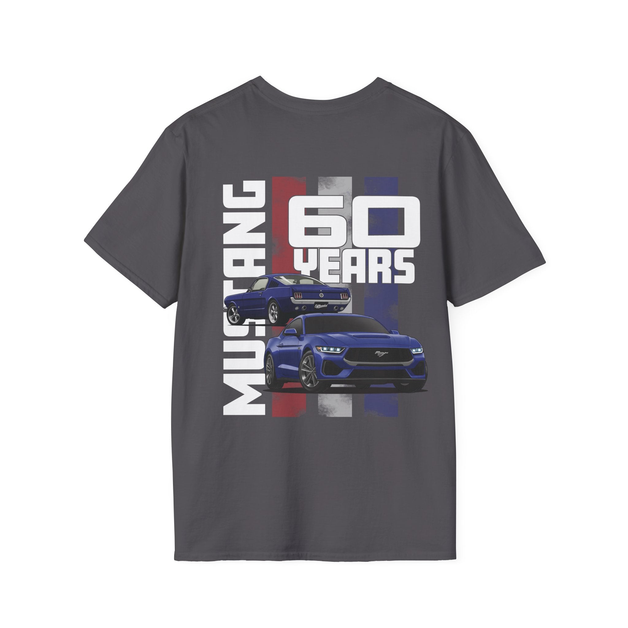 Gray t-shirt with Ford Mustang 60th anniversary graphic on a white background