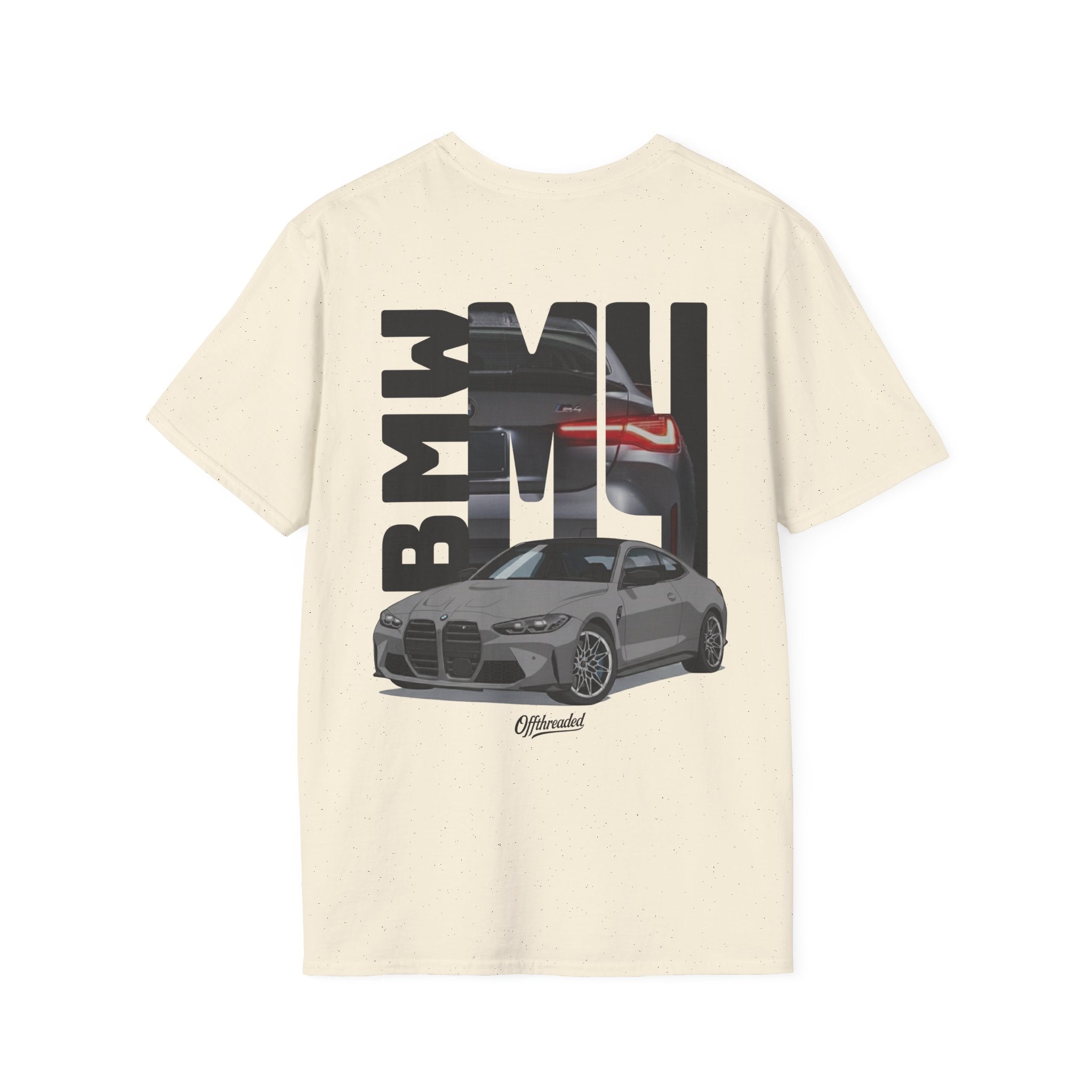 Cream t-shirt with BMW car graphic on a white background