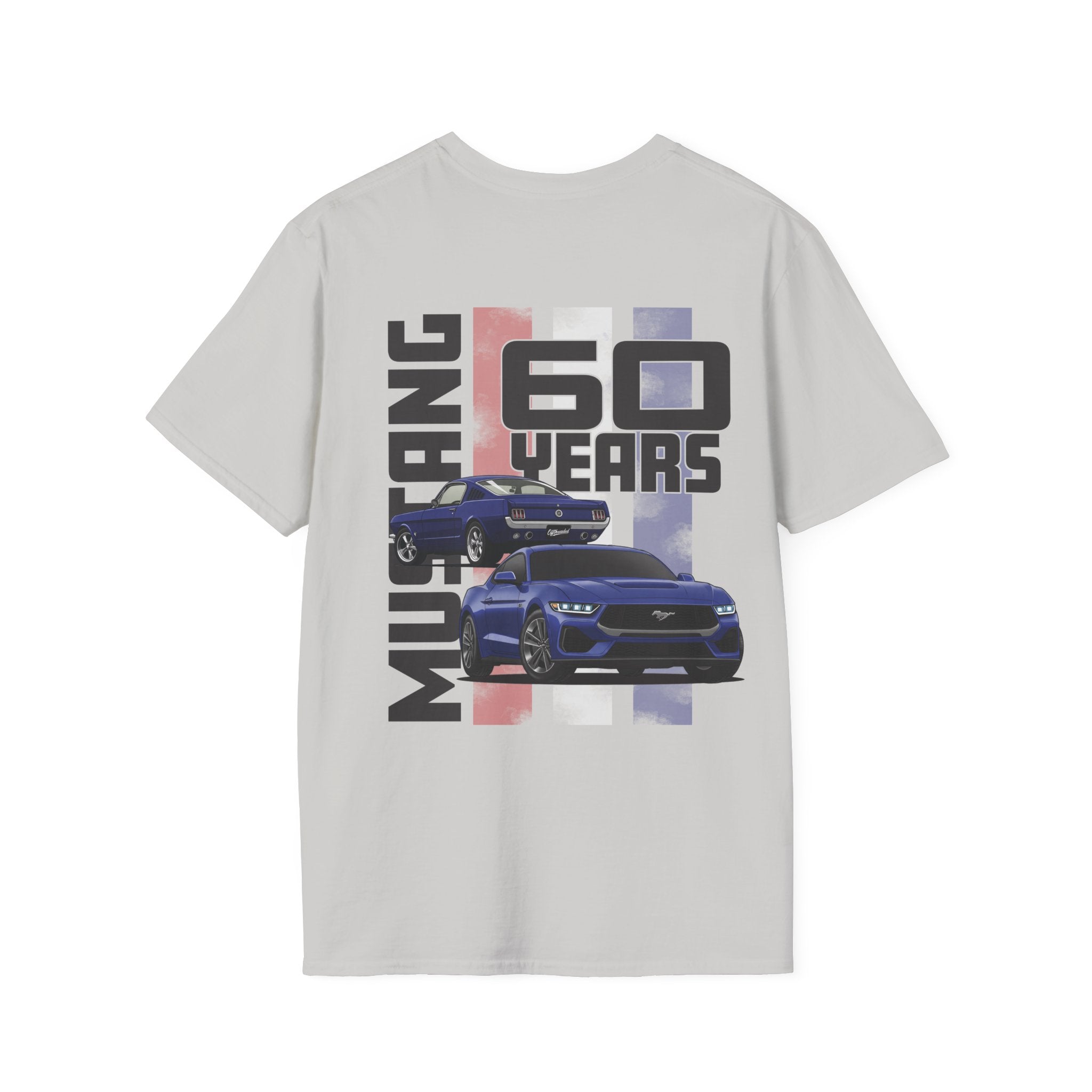 Gray t-shirt with Mustang 60 Years design featuring two cars and text on a white background