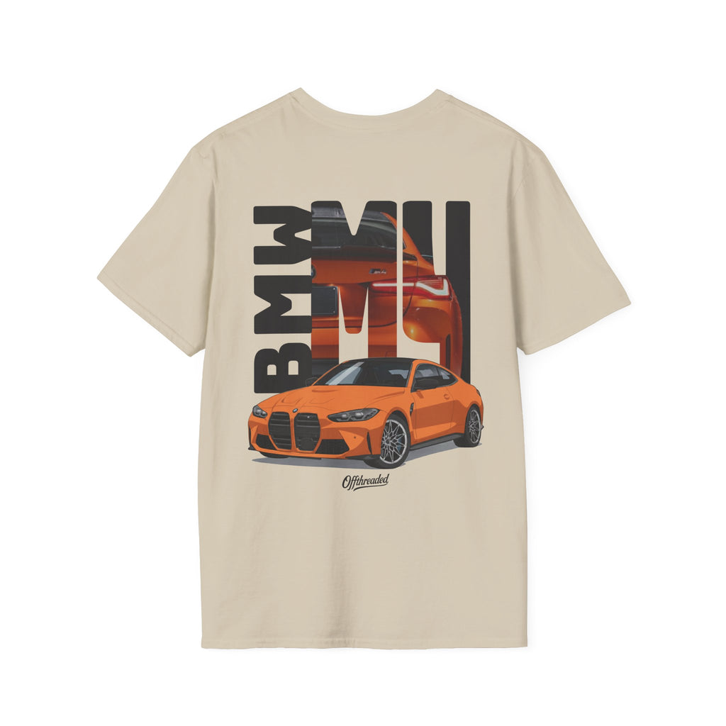 Beige t-shirt with orange BMW car graphic on a white background