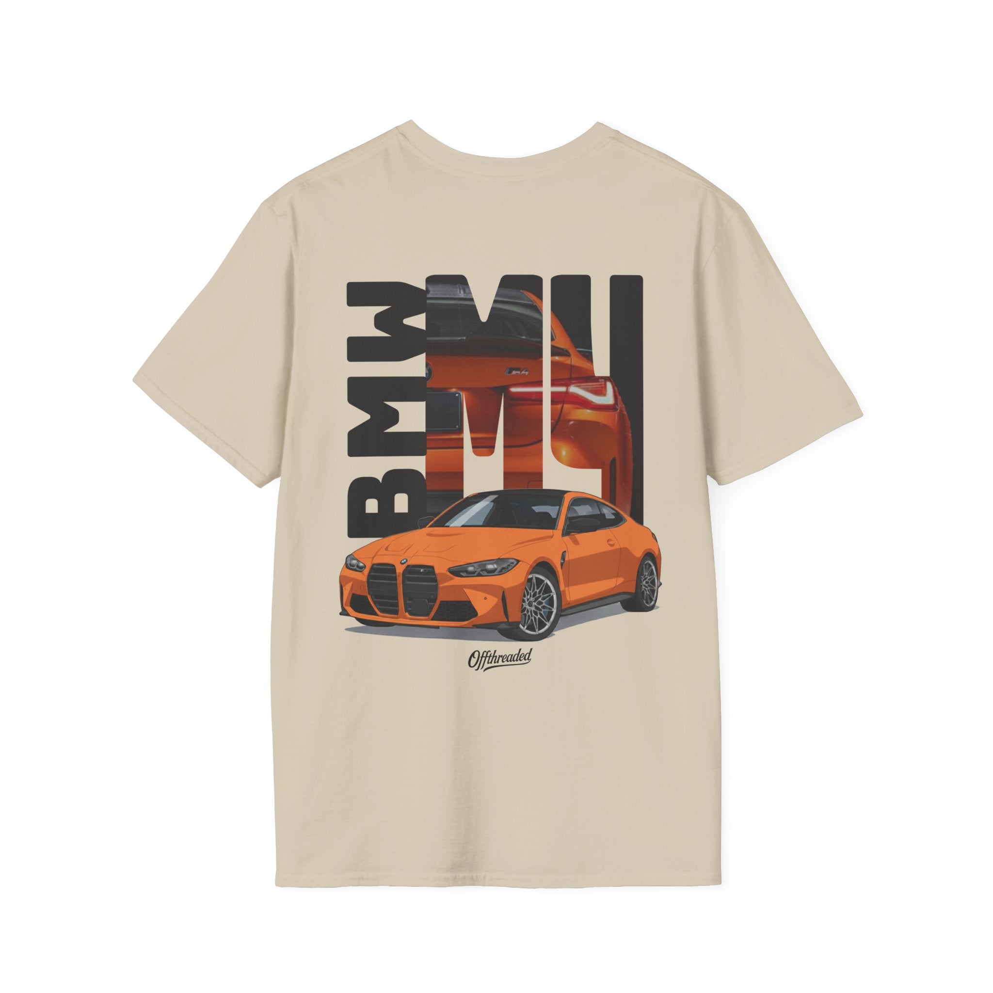 Beige t-shirt with orange BMW car graphic on a white background