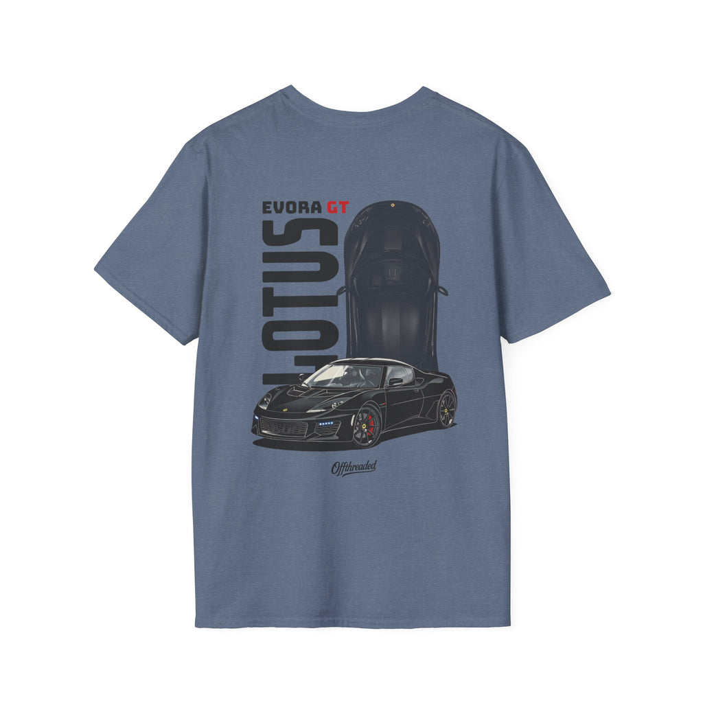Blue t-shirt with Lotus Evora GT graphic on a white background