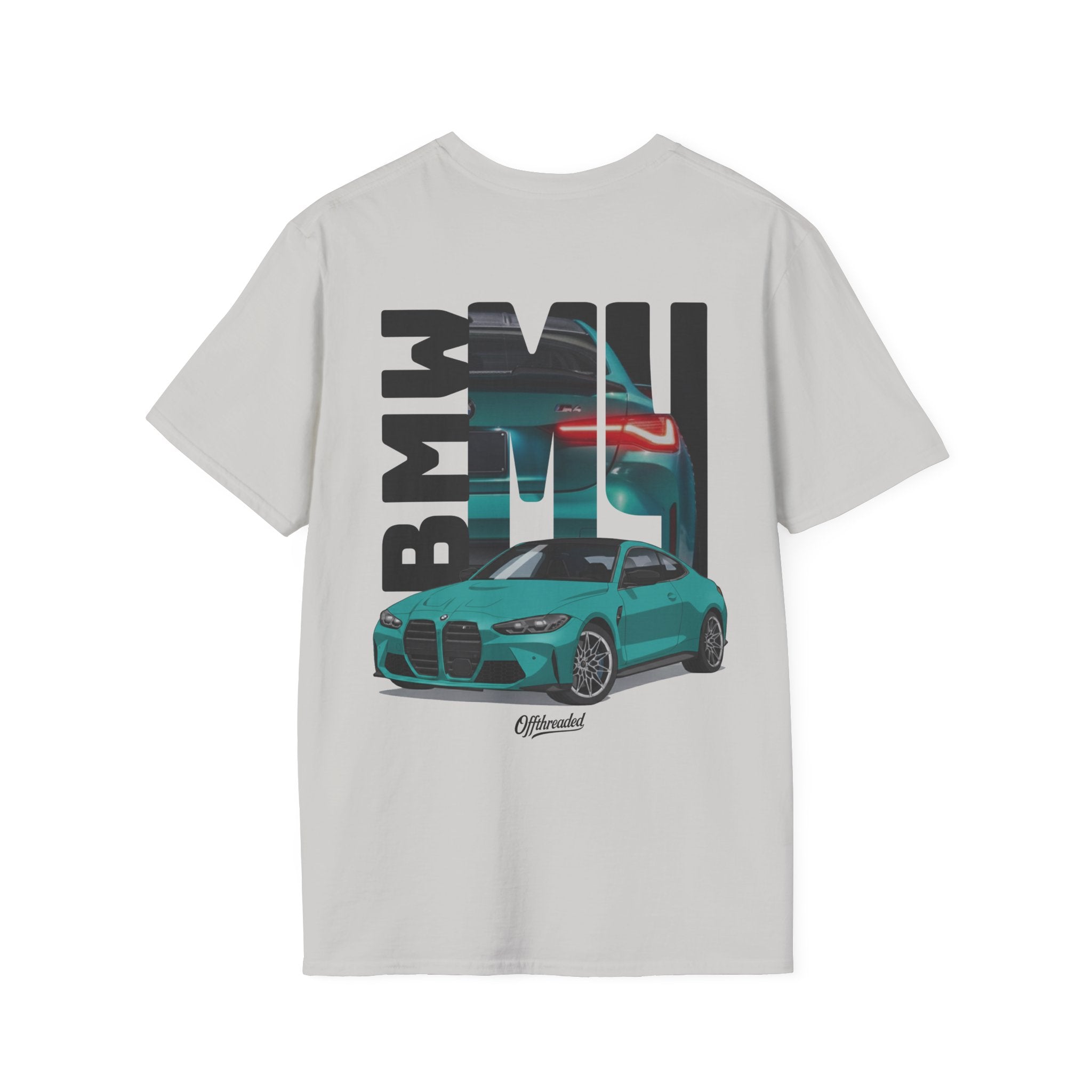 White t-shirt with BMW car graphic on a white background