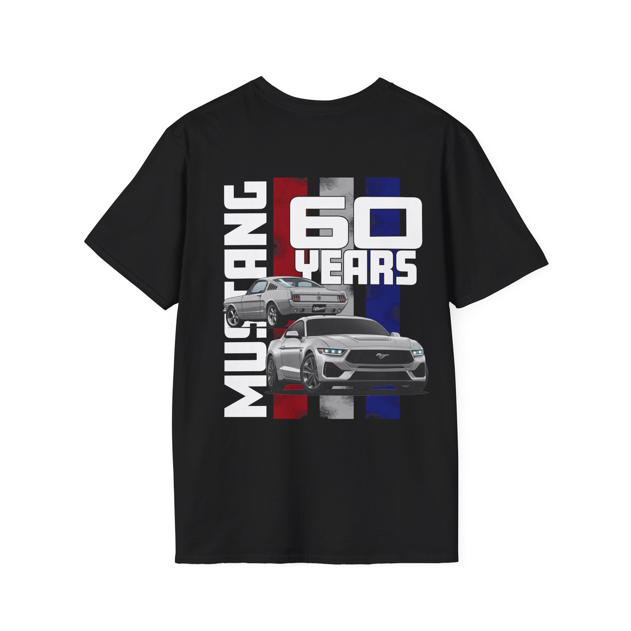 Black t-shirt with Ford Mustang 60th anniversary design on a white background