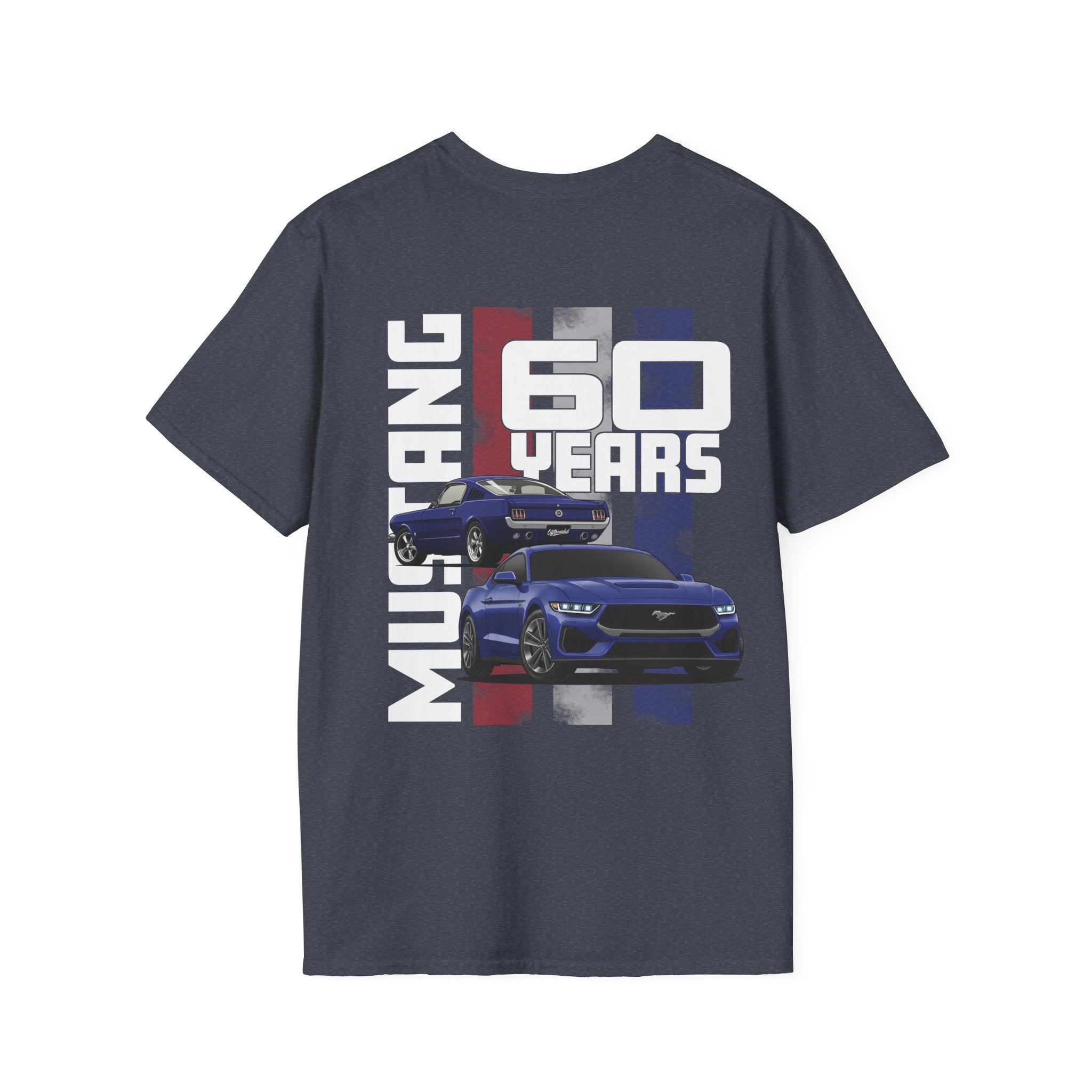 Navy blue t-shirt with Ford Mustang 60th anniversary graphic on a white background
