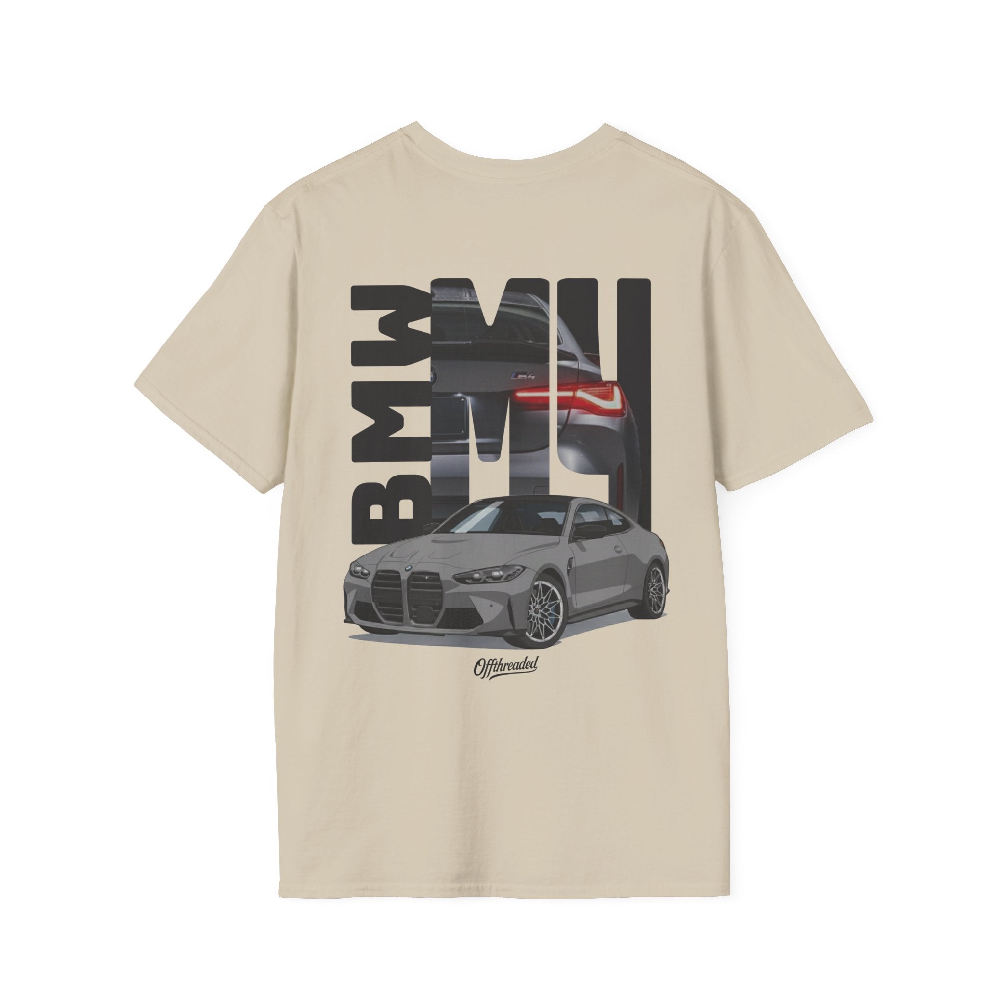 Beige t-shirt with BMW car graphic and logo on a white background