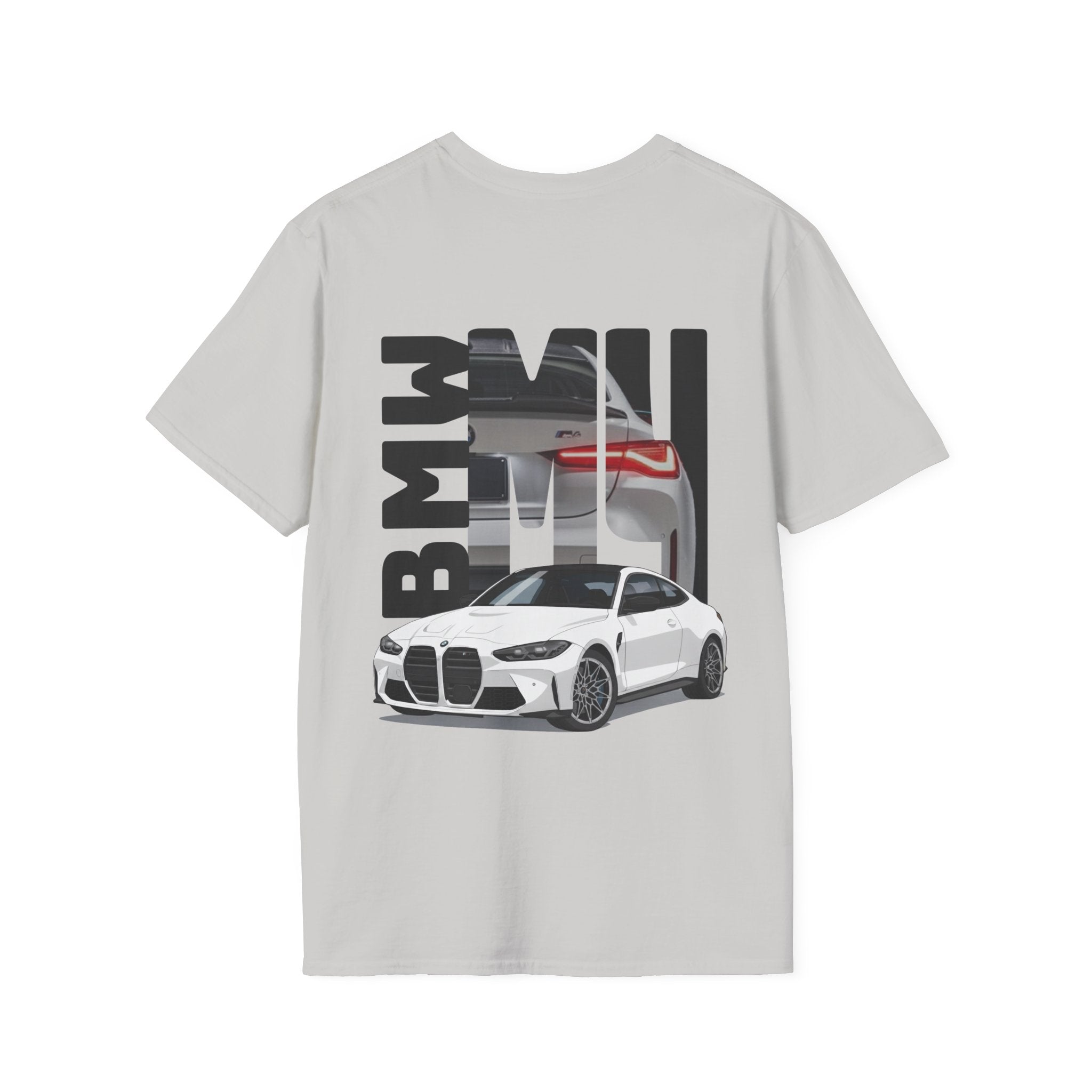 White t-shirt with BMW car graphic on a white background