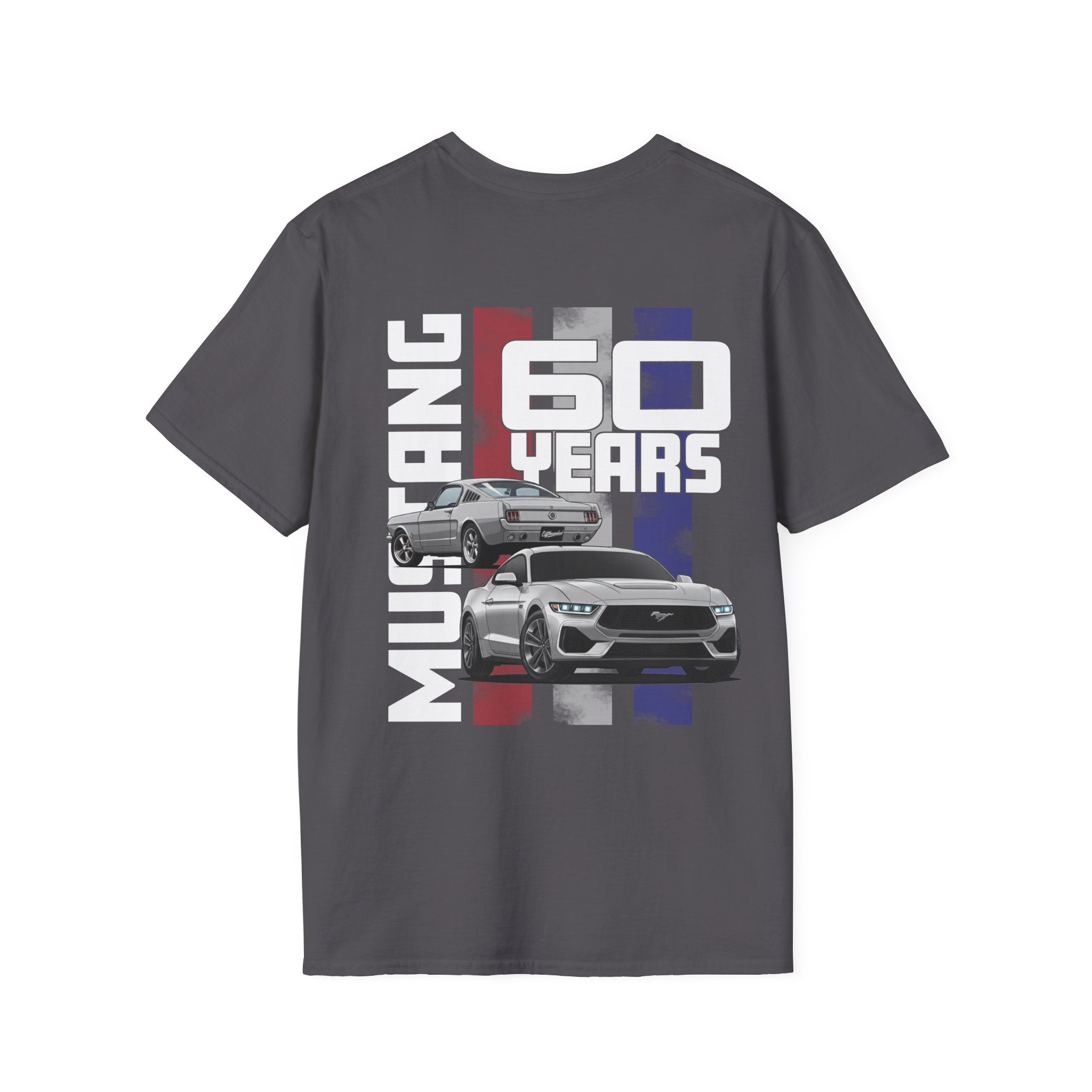 Gray t-shirt with Ford Mustang 60th anniversary graphic on a white background
