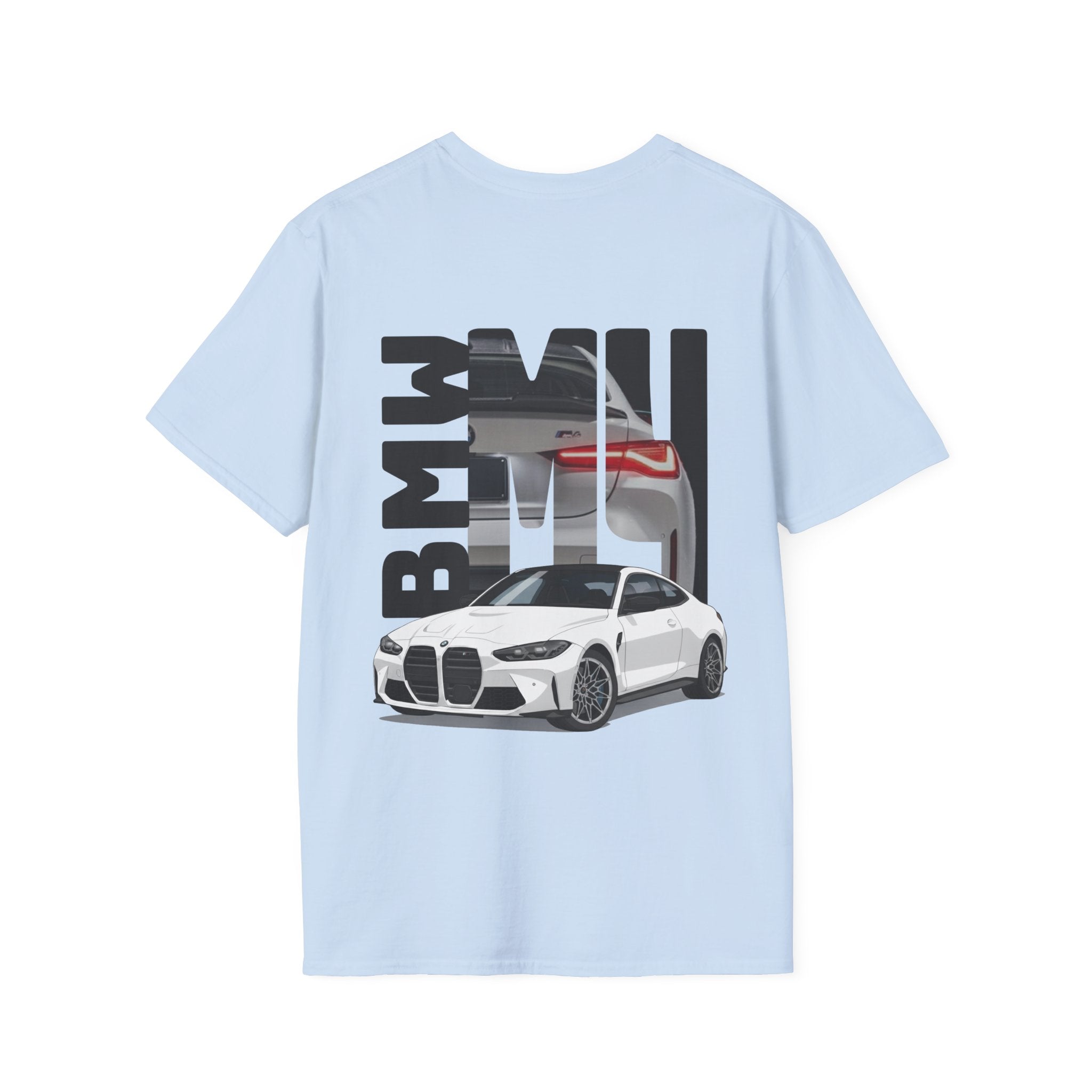 Light blue t-shirt with BMW car graphic on a white background