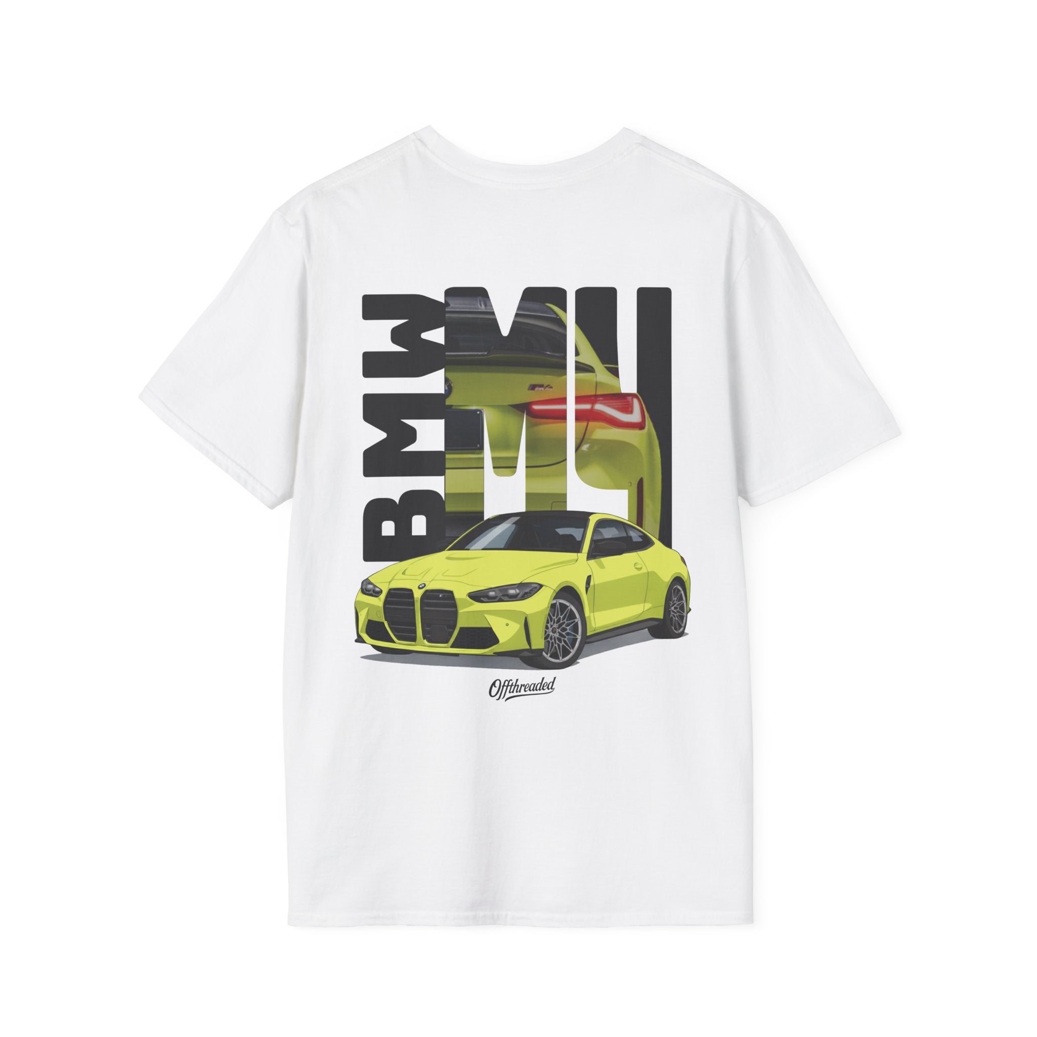 White t-shirt with a neon yellow BMW car graphic and 'Offshore' text on a white background