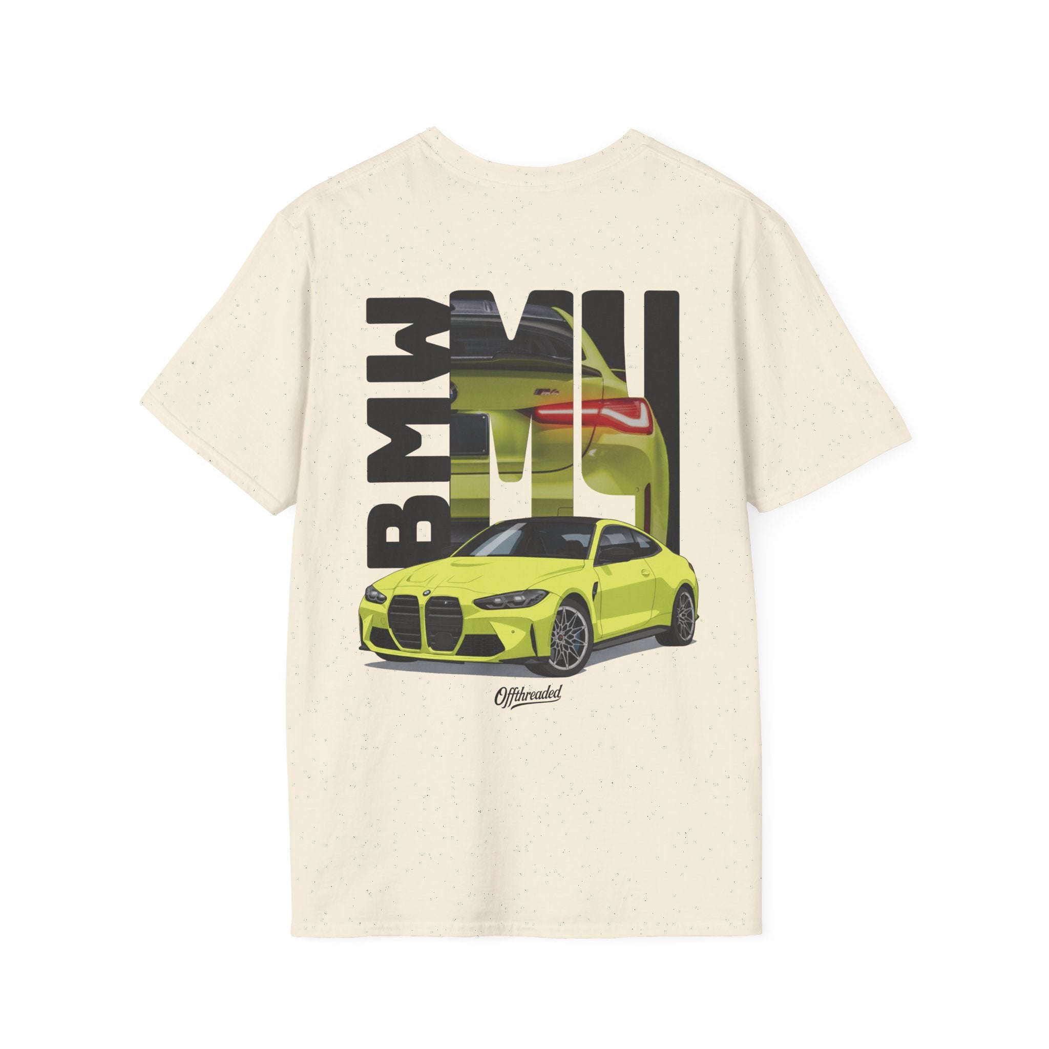 Beige t-shirt with a yellow BMW car graphic on a white background