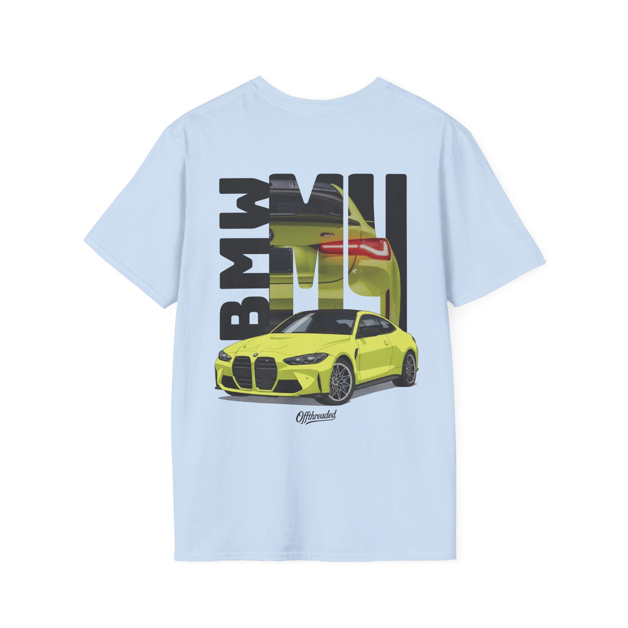 Light blue t-shirt with a yellow BMW car graphic on a white background