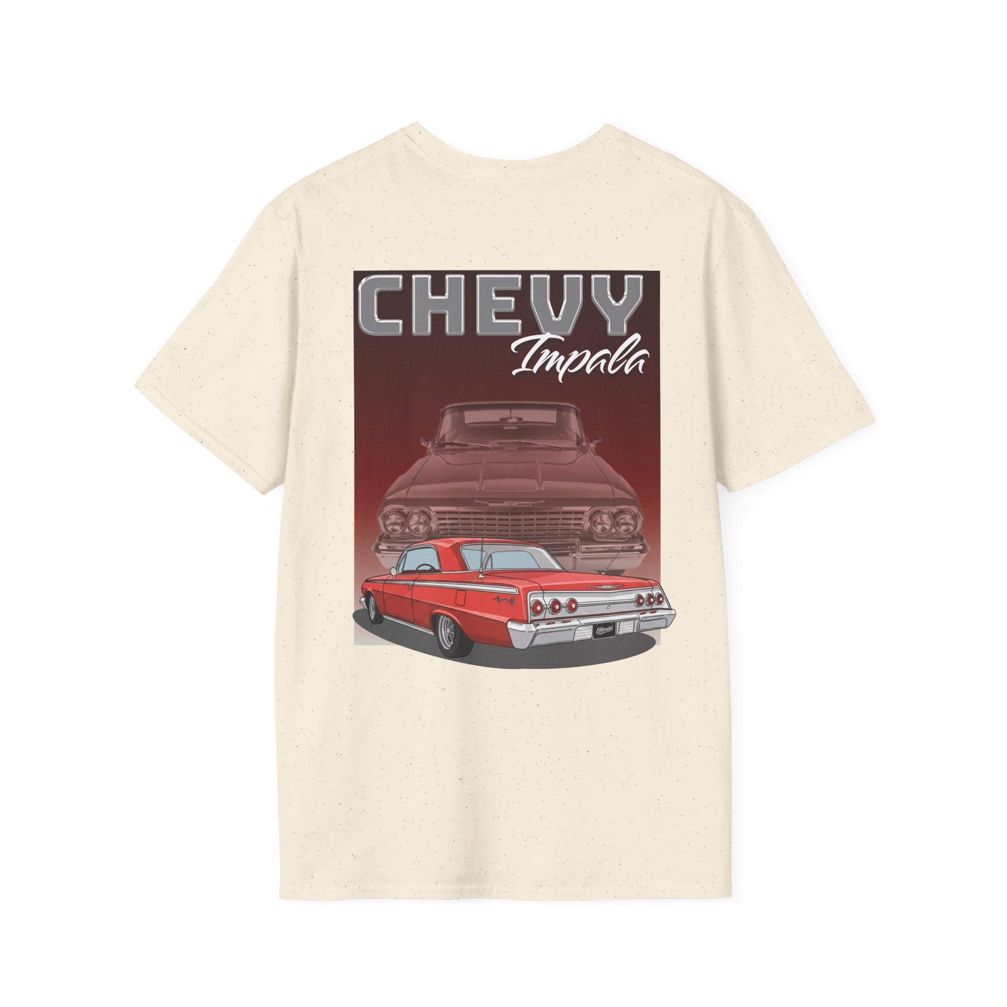 Beige t-shirt with a graphic of a red Chevy Impala on a white background