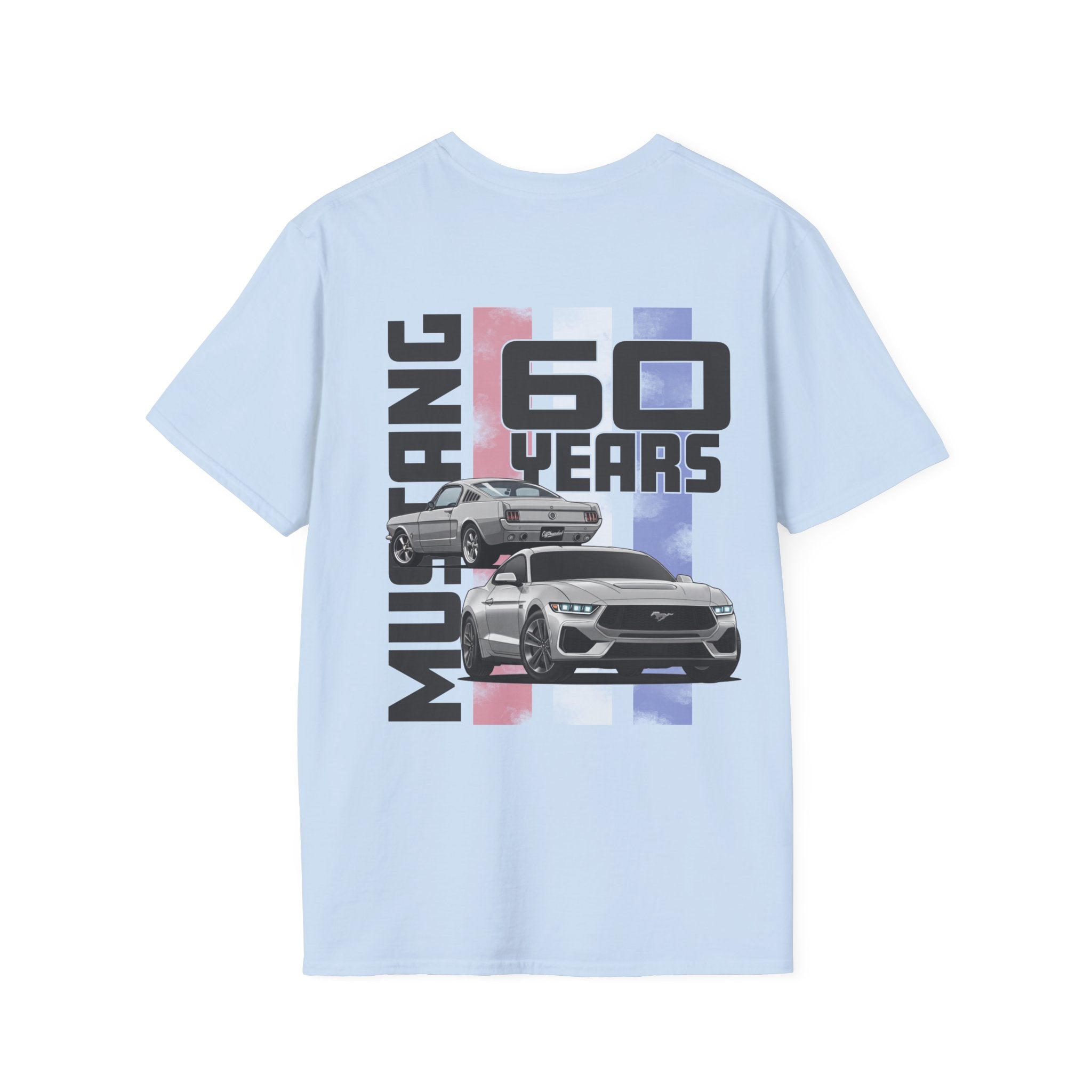Light blue t-shirt with Ford Mustang 60th anniversary design on a white background