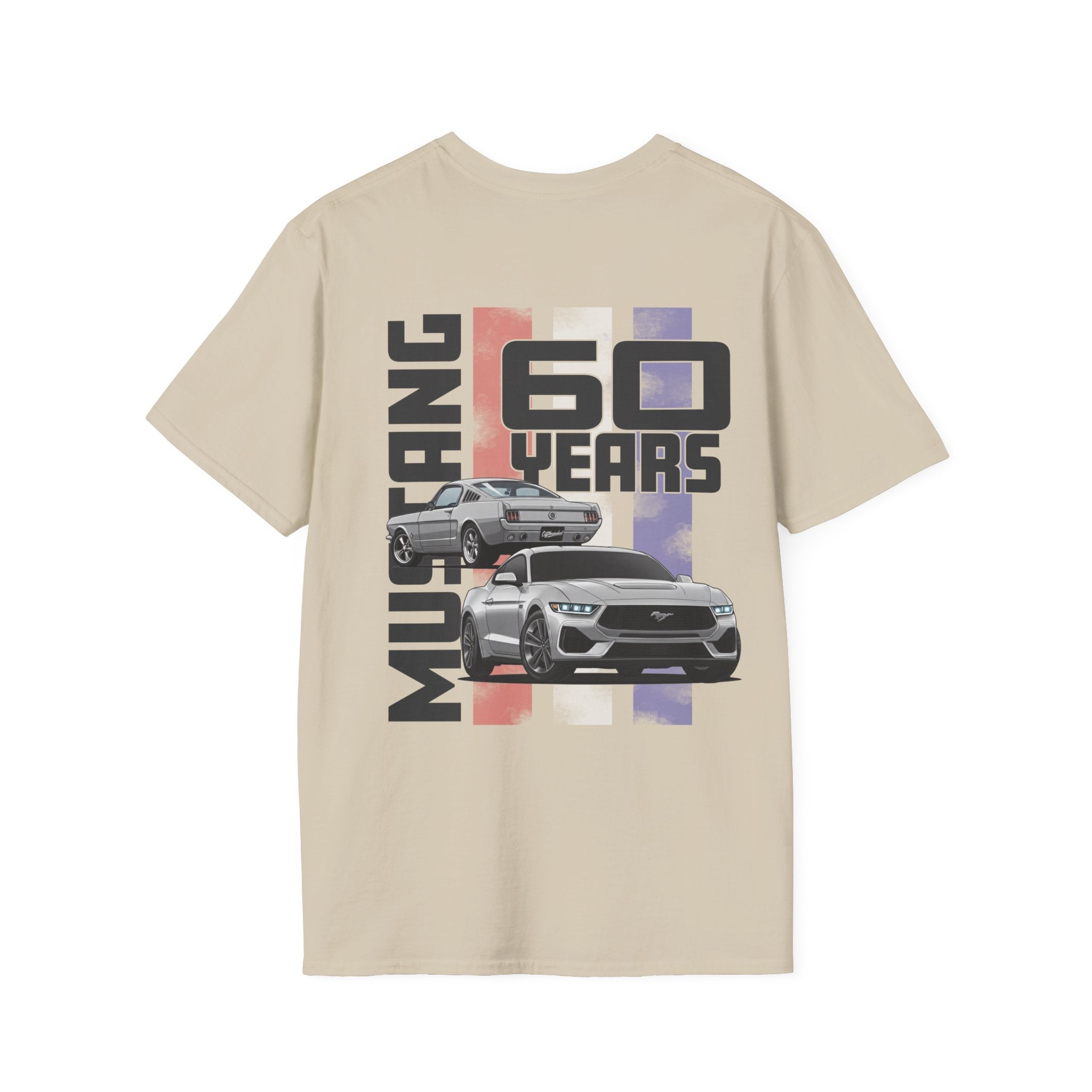 Beige t-shirt with Ford Mustang 60th anniversary design on a white background