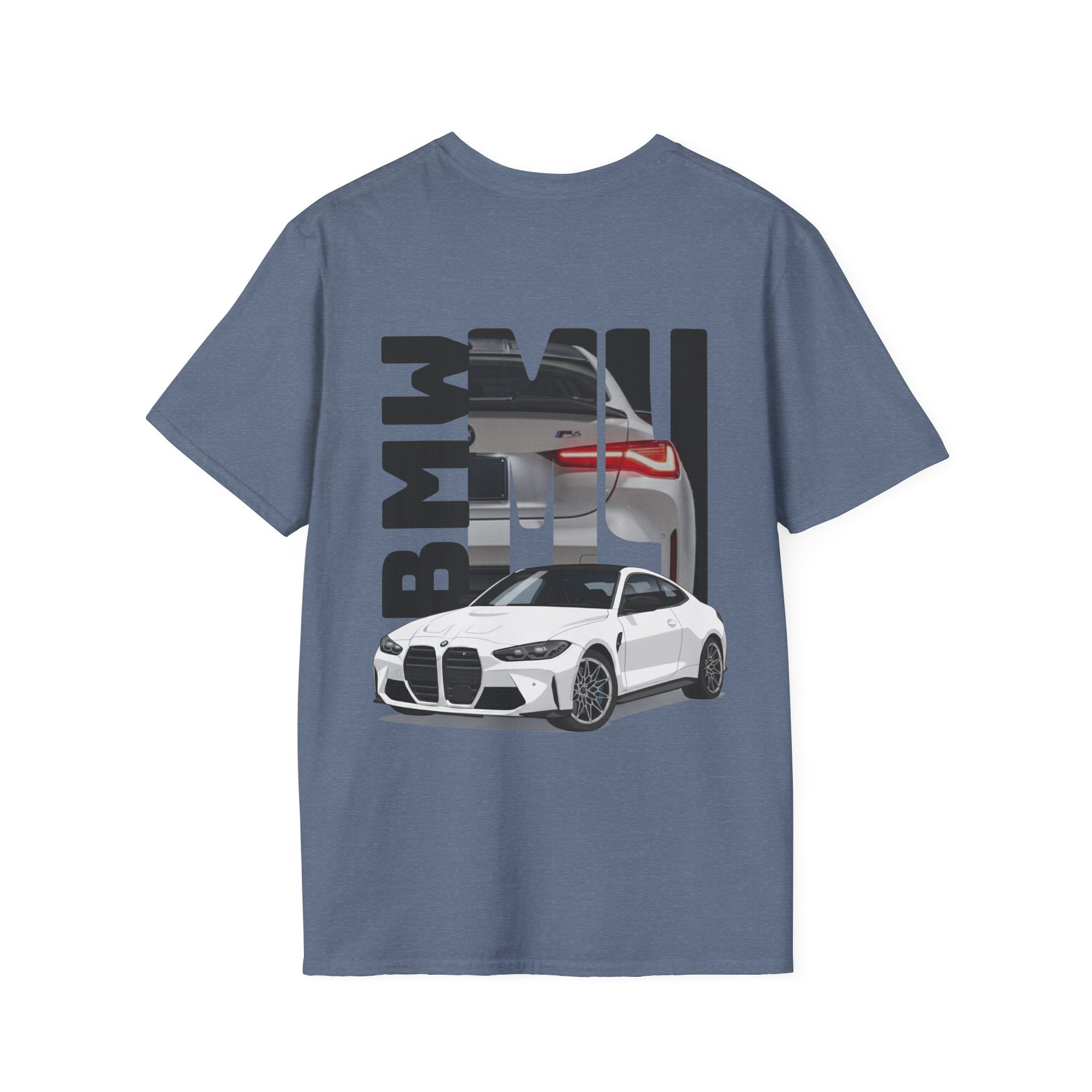 Blue t-shirt with BMW car graphic on a white background