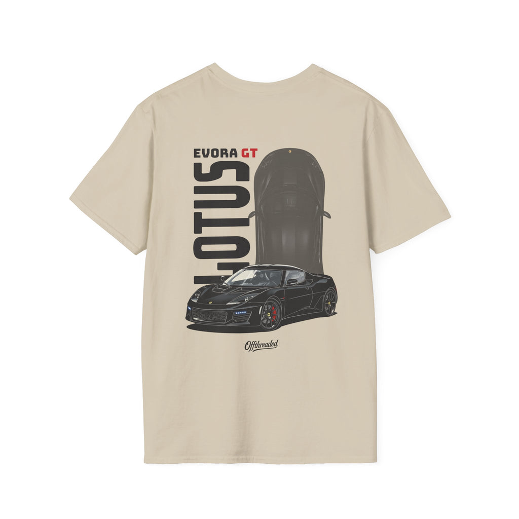 Beige t-shirt with Lotus Evora GT illustration on a white background