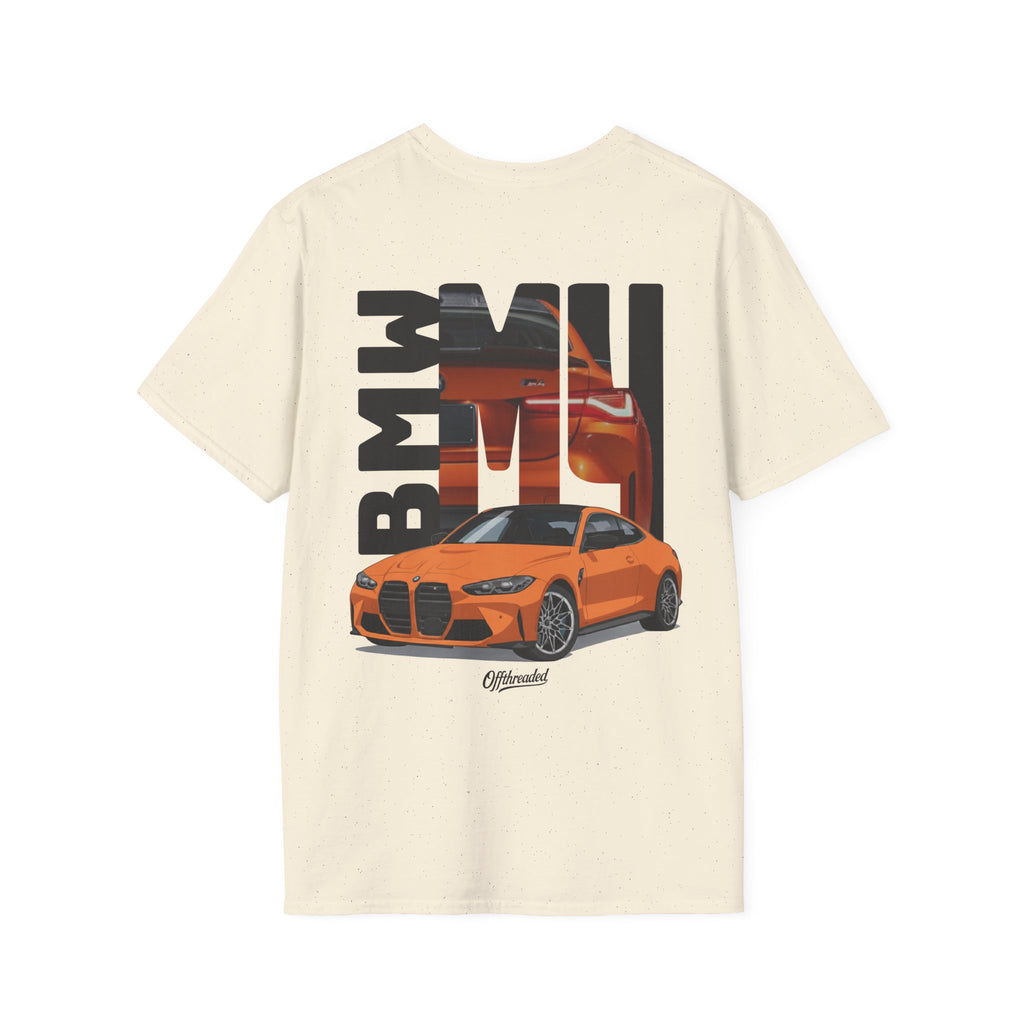 Beige t-shirt with orange BMW car graphic on a white background