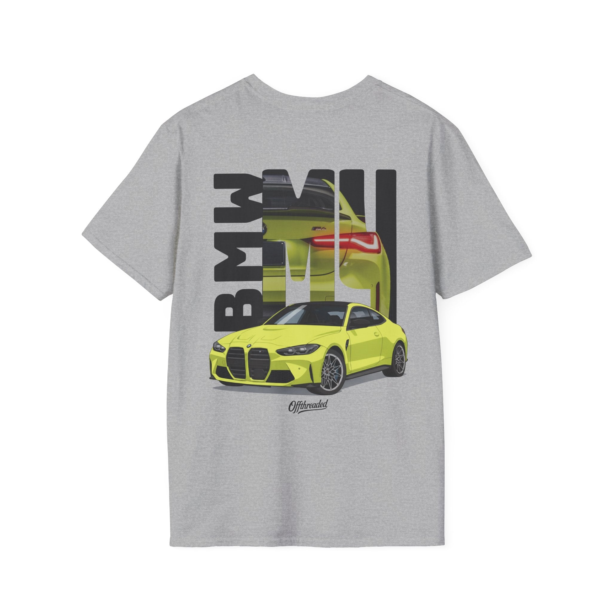Gray t-shirt with a yellow BMW car graphic on a white background