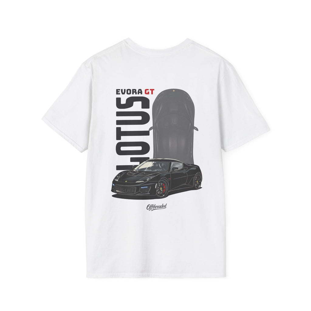 White t-shirt with Lotus Evora GT graphic on a white background
