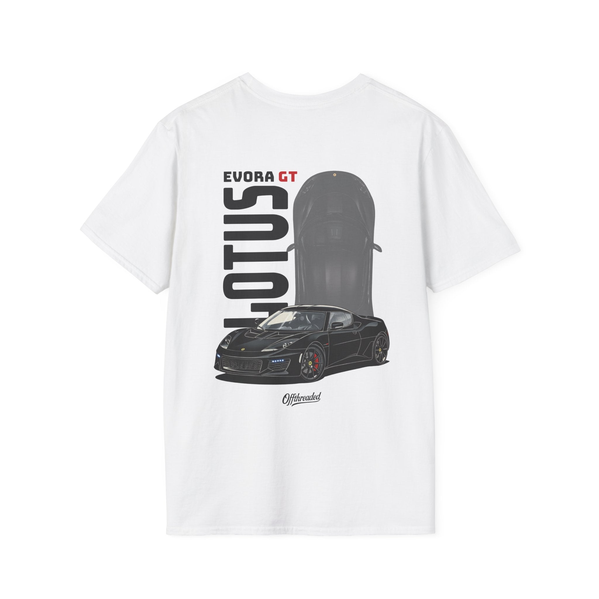 White t-shirt with Lotus Evora GT graphic on a white background