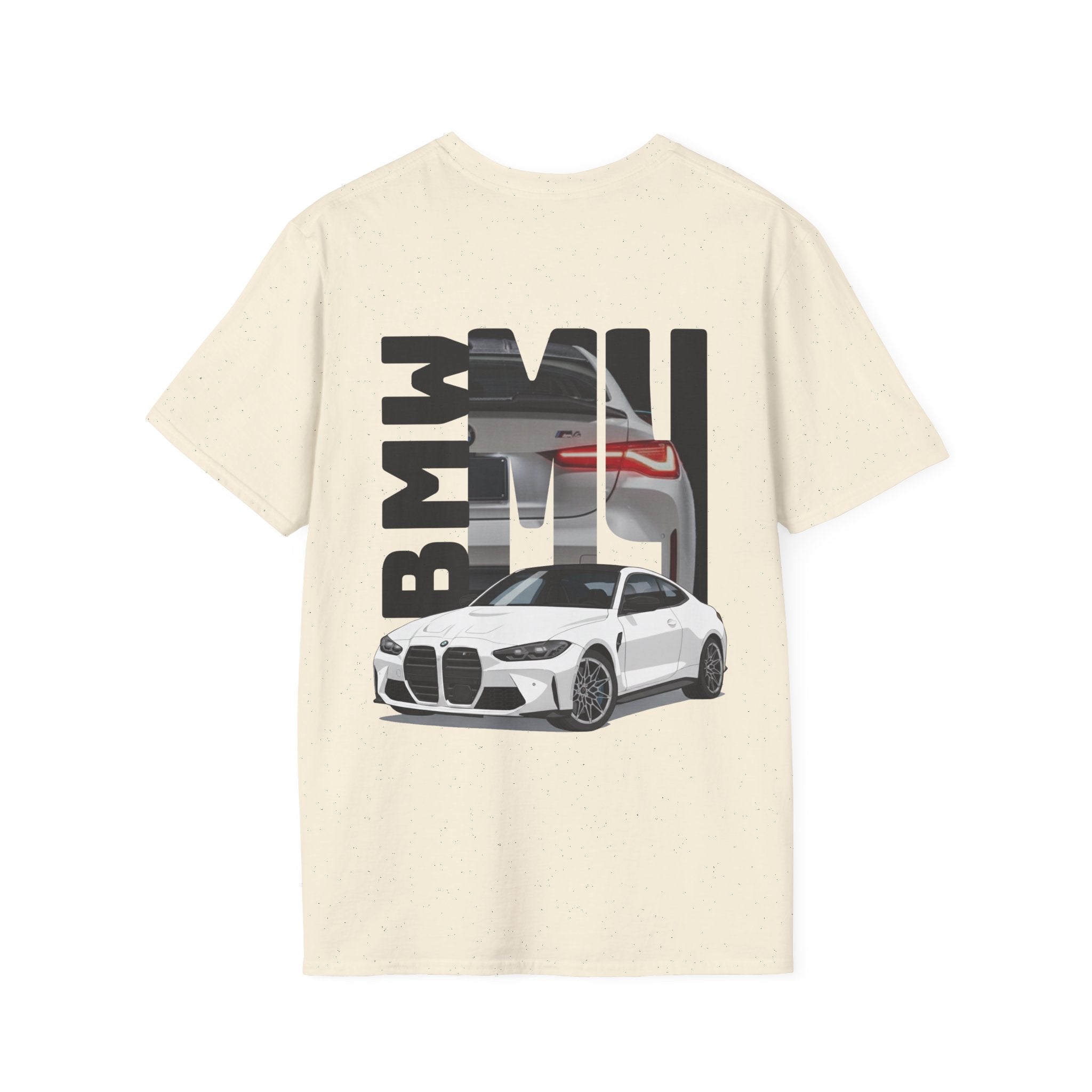 Beige t-shirt with BMW car graphic on a white background