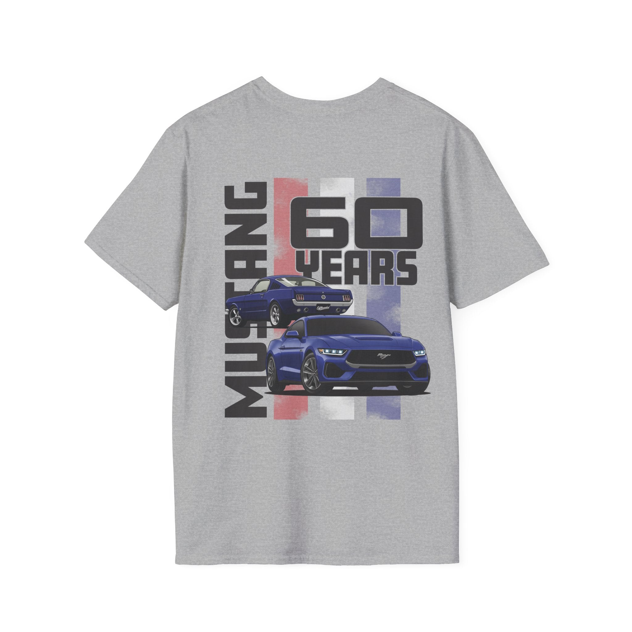 Gray t-shirt with Ford Mustang 60th anniversary design on a white background
