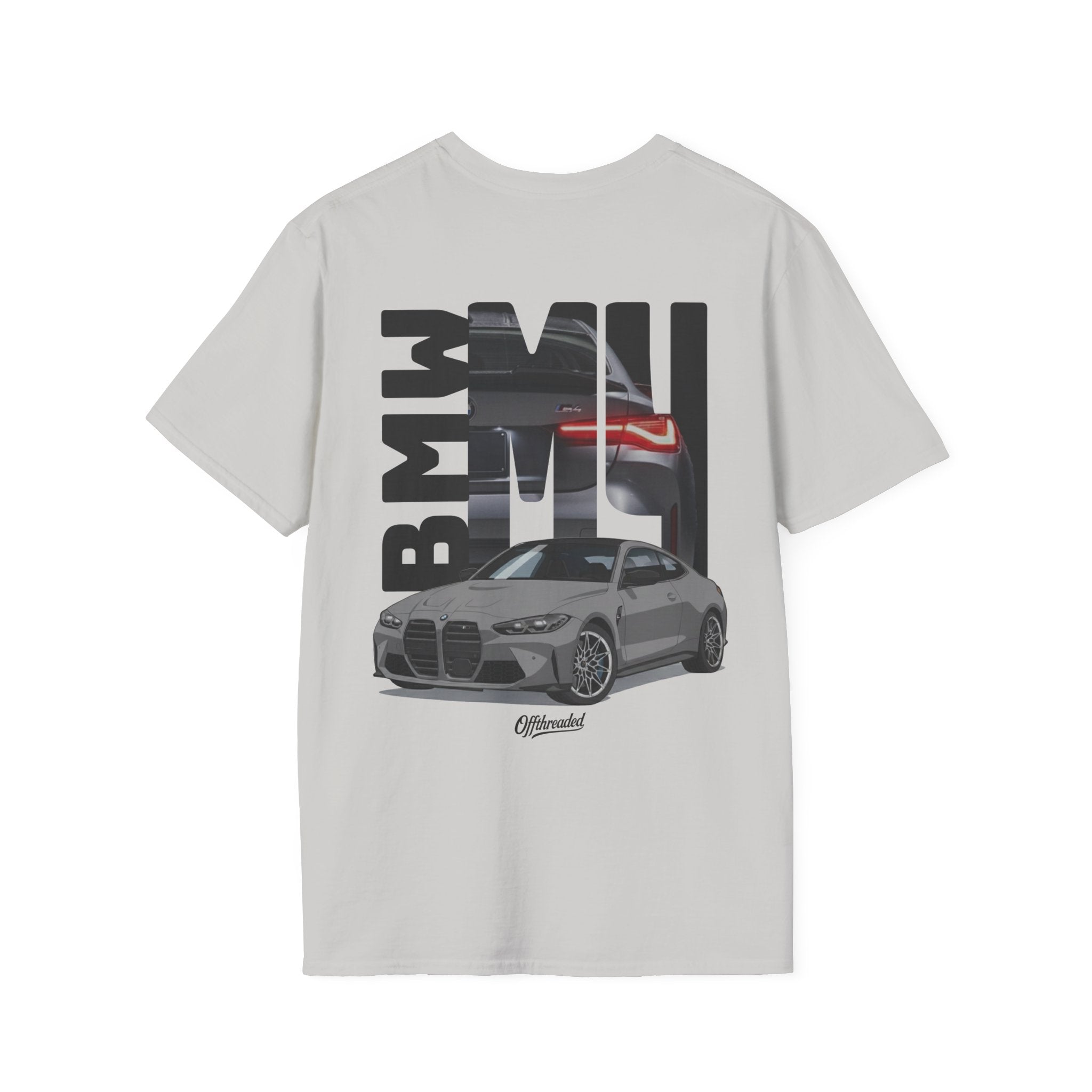 White t-shirt with BMW car graphic and logo on a white background