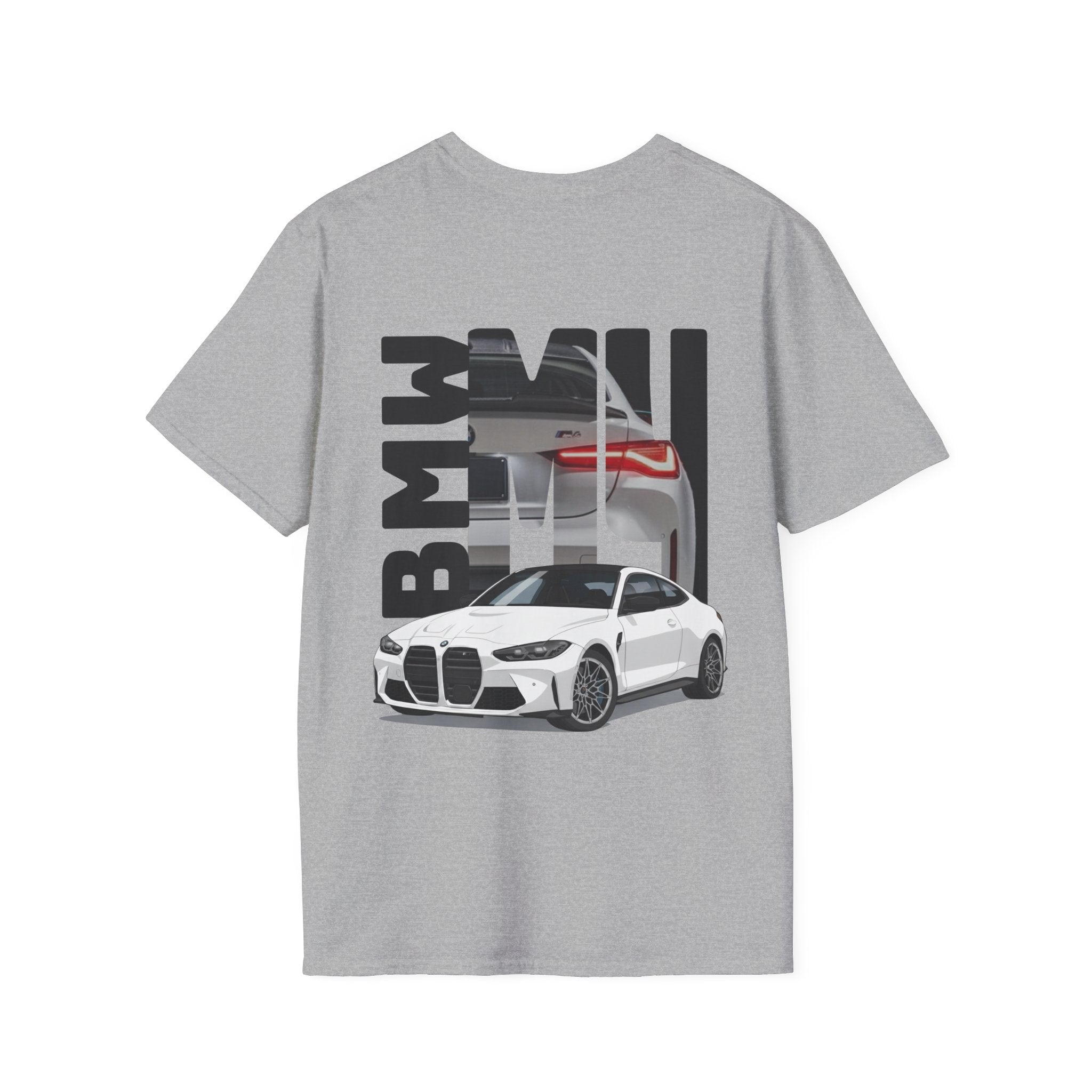 Gray t-shirt with BMW car graphic on a white background