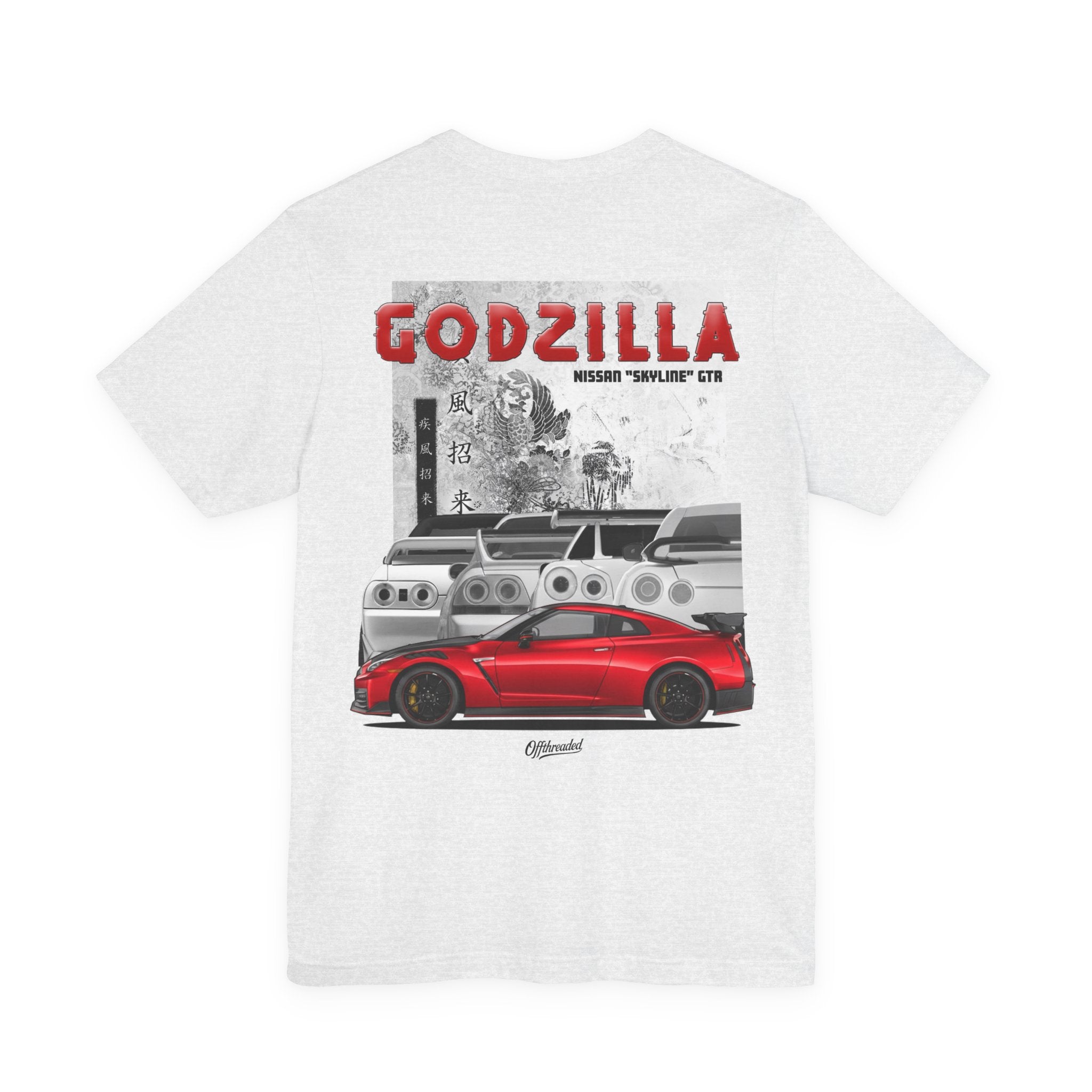 Ash Grey shirt with a Nissan GTR Heritage Design with the R32,R33,R34, and R35 in the background with a red Nissan GTR R35 Nismo