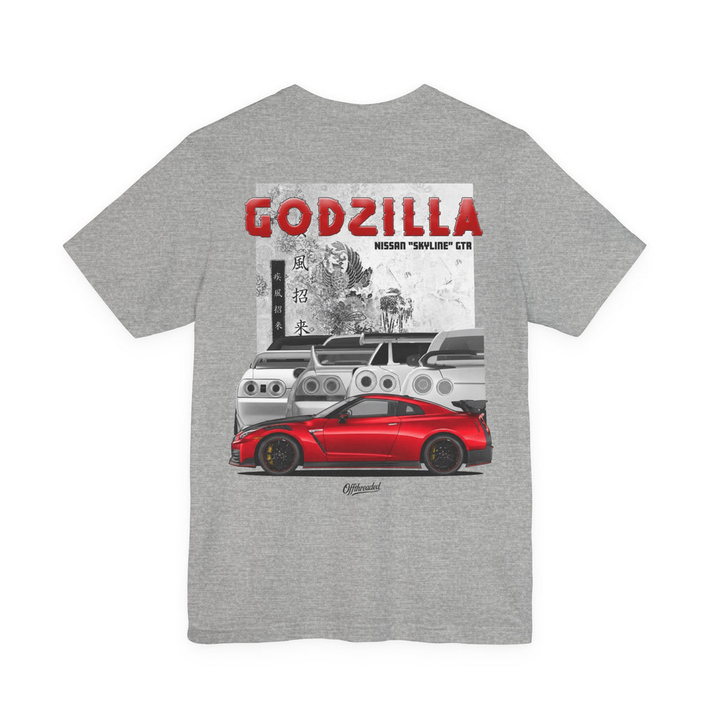 Athletic Grey Heather shirt with a Nissan GTR Heritage Design with the R32,R33,R34, and R35 in the background with a red Nissan GTR R35 Nismo