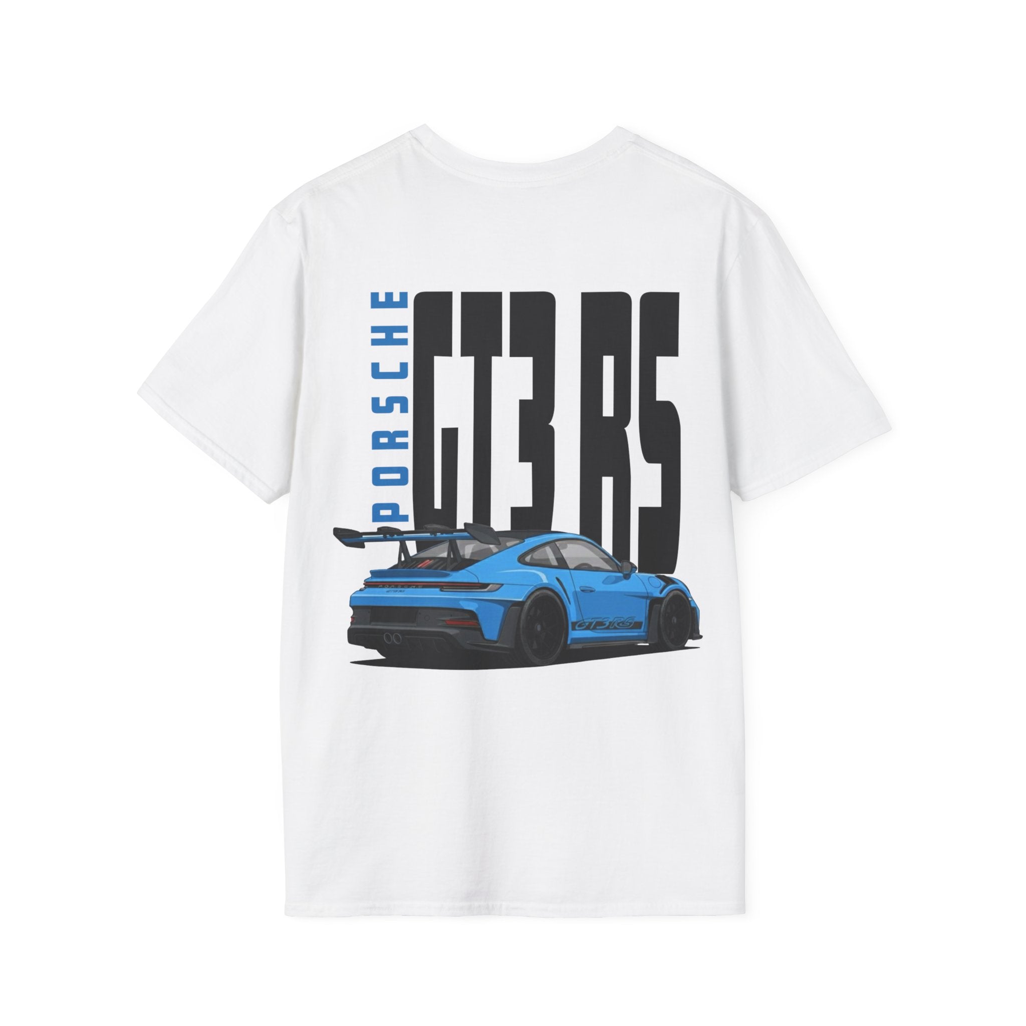 White t-shirt with Blue Porsche GT3 RS graphic on a white background