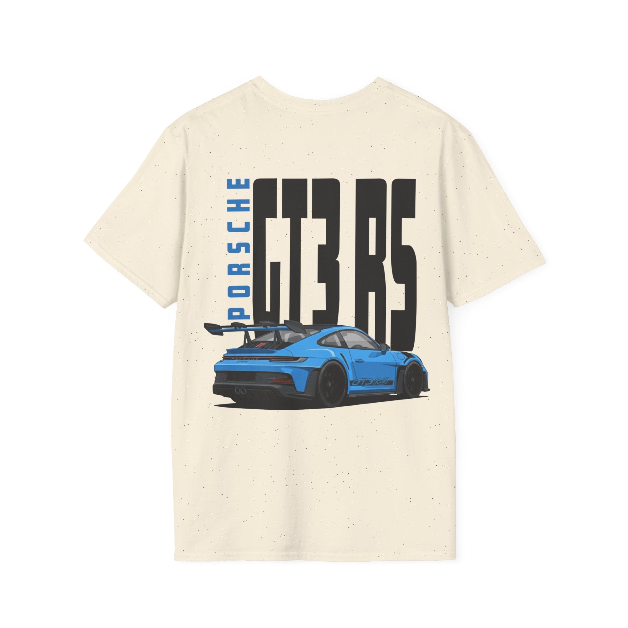 Beige t-shirt with Blue Porsche GT3 RS graphic on a white background
