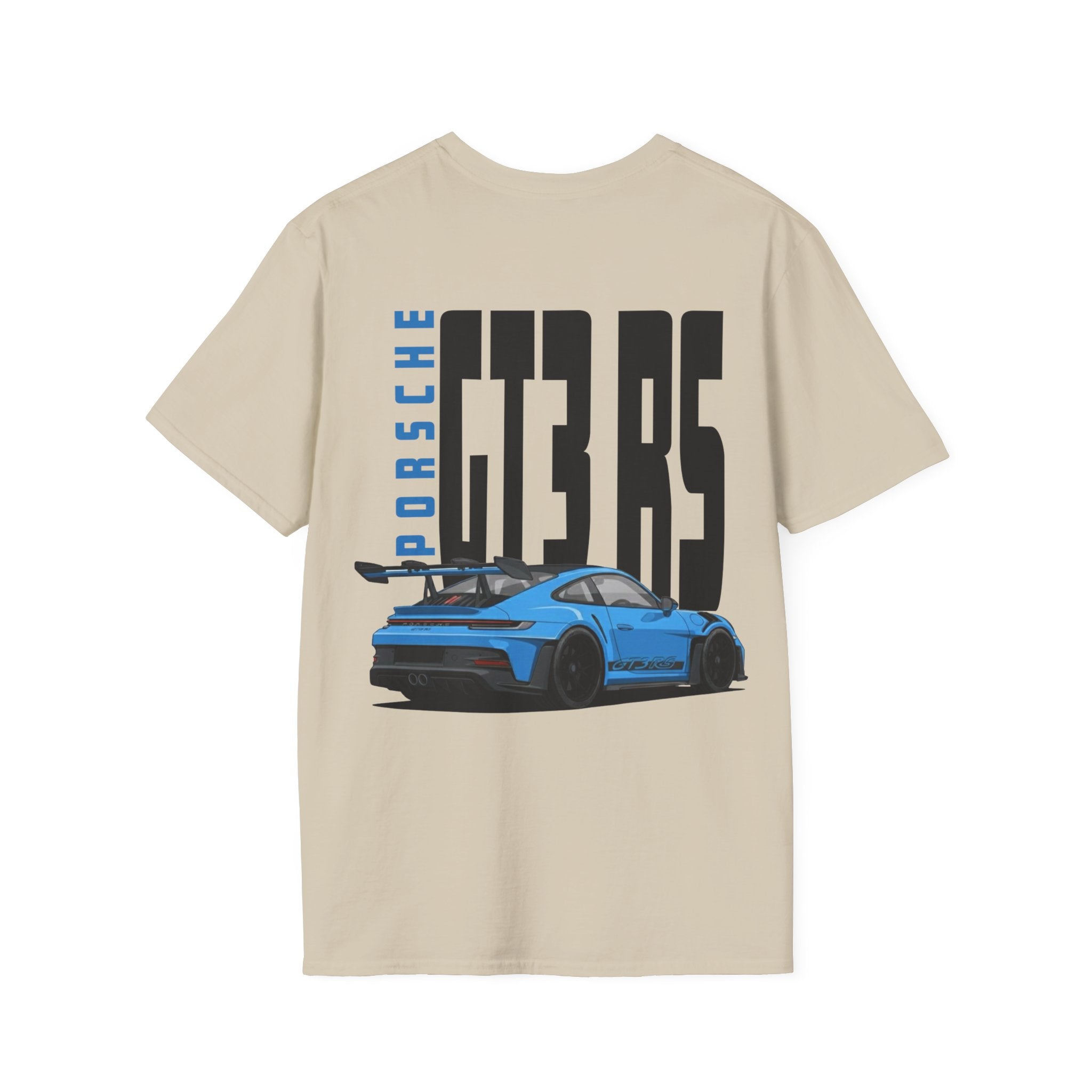 Tan t-shirt with Blue Porsche GT3 RS graphic on a white background
