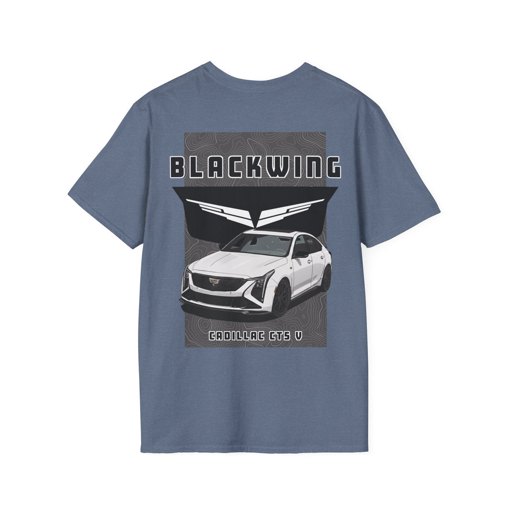 Blue t-shirt with a graphic of a Cadillac CT5 V Blackwing branding on a white background