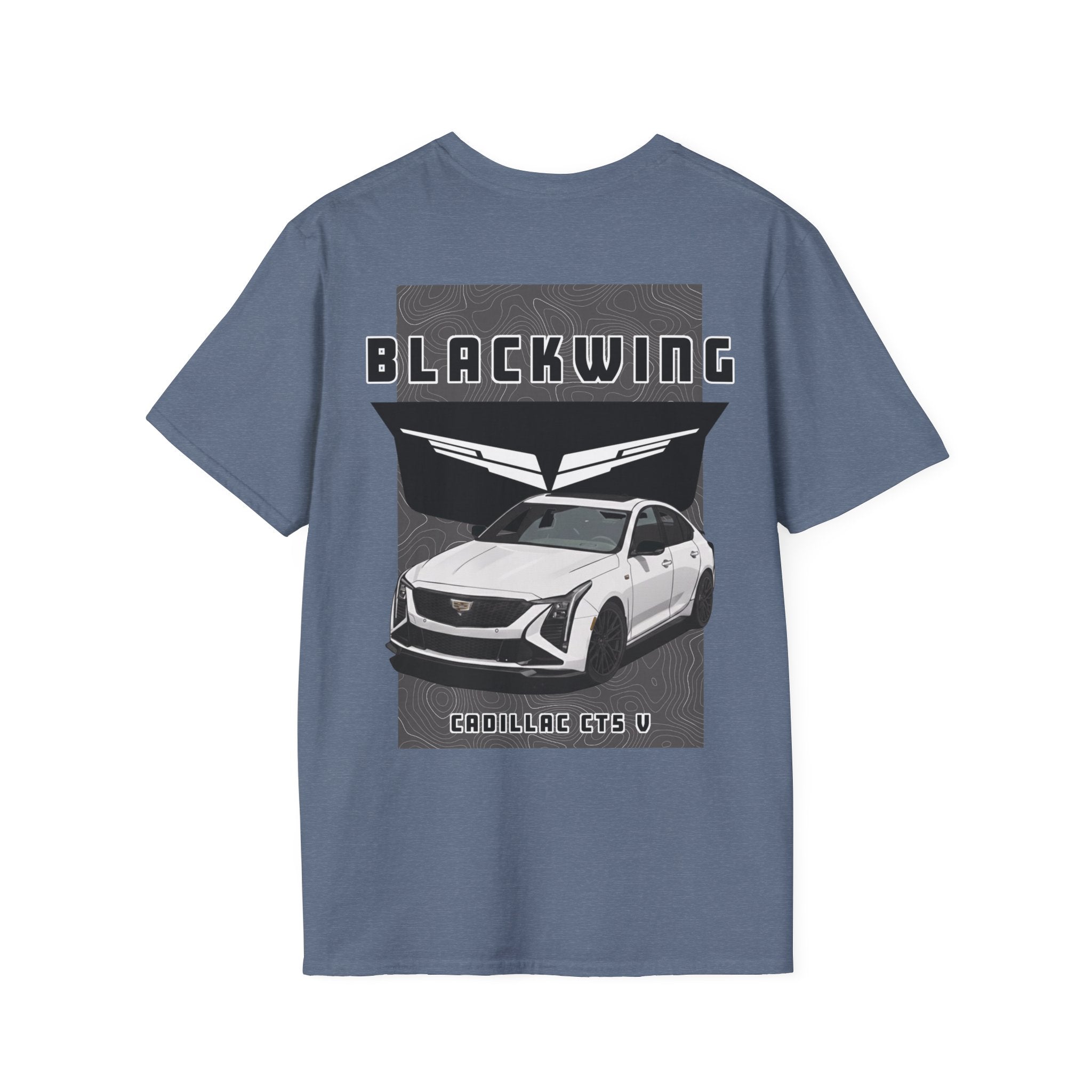 Blue t-shirt with a graphic of a Cadillac CT5 V Blackwing branding on a white background