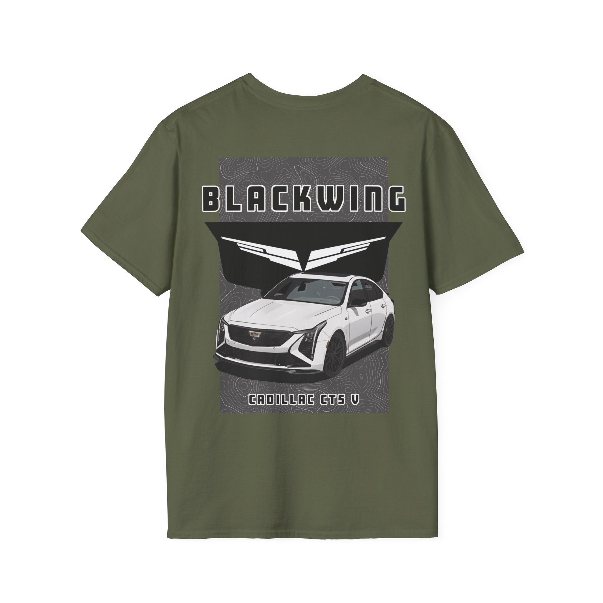 Green t-shirt with a Cadillac CT5 V Blacking full back graphic on a white background