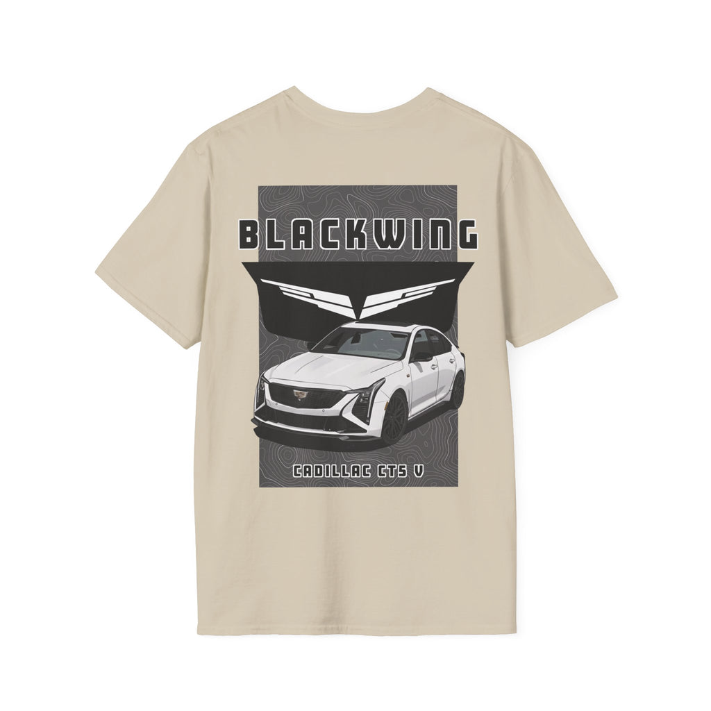 Tan t-shirt with a graphic of a Cadillac CT5 V Blackwing branding on a white background