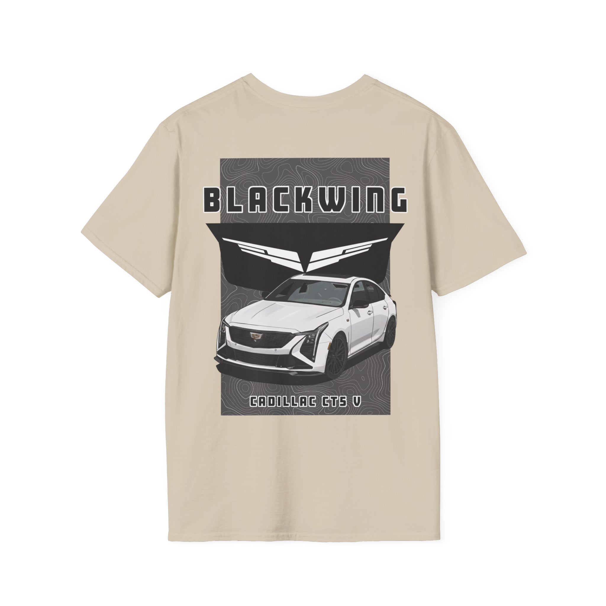 Tan t-shirt with a graphic of a Cadillac CT5 V Blackwing branding on a white background