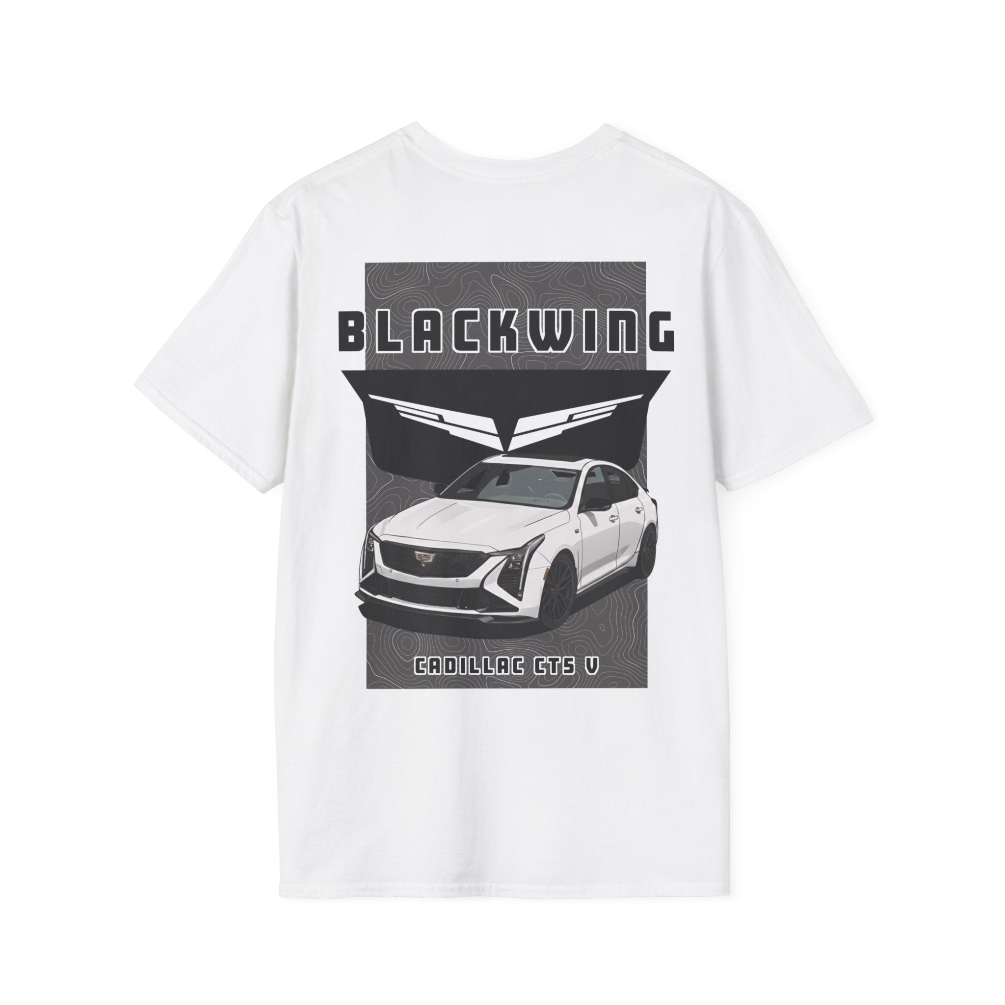 White t-shirt with a full back graphic of the Cadillac CT5 V Blackwing on a white background