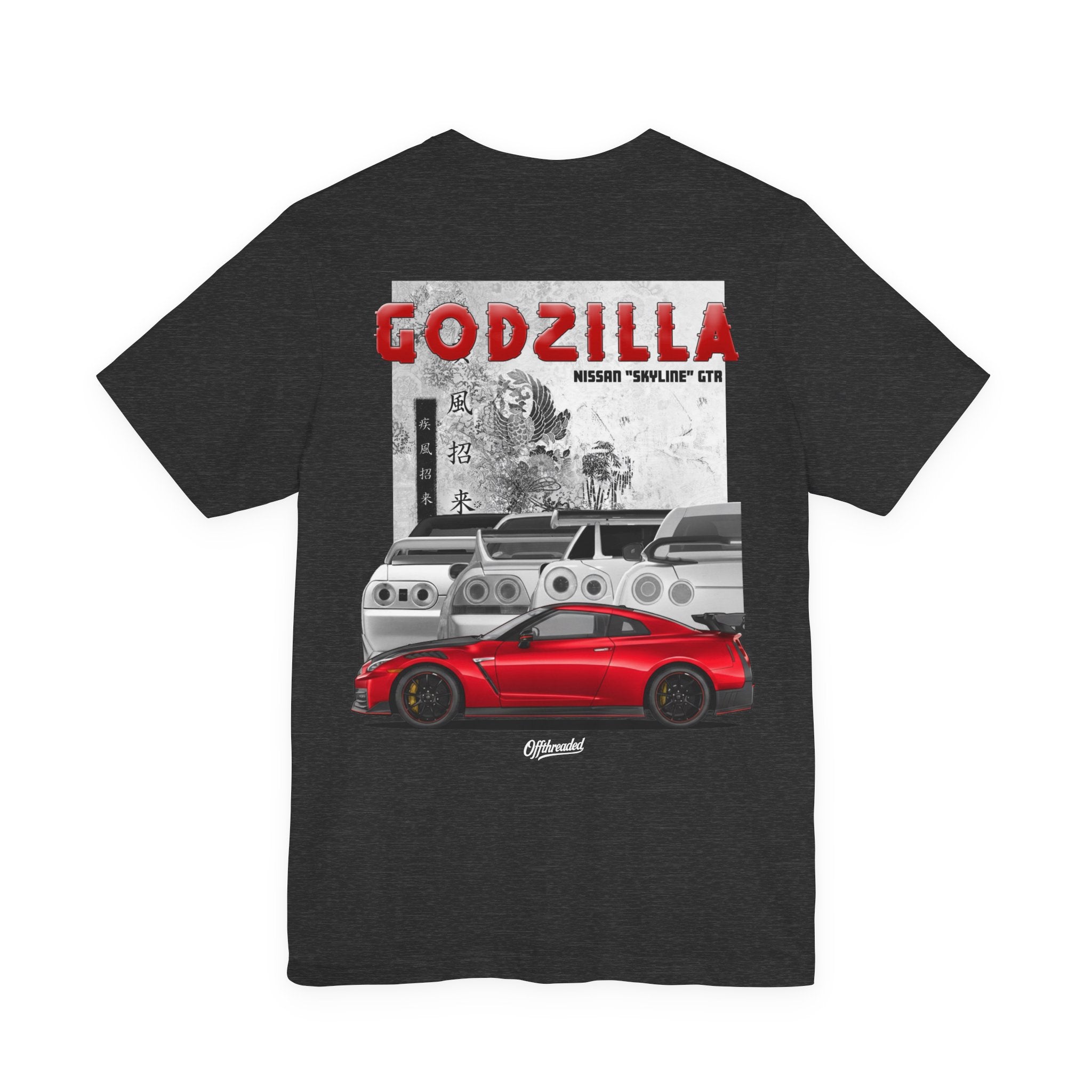 Dark Grey Heather shirt with a Nissan GTR Heritage Design with the R32,R33,R34, and R35 in the background with a red Nissan GTR R35 Nismo