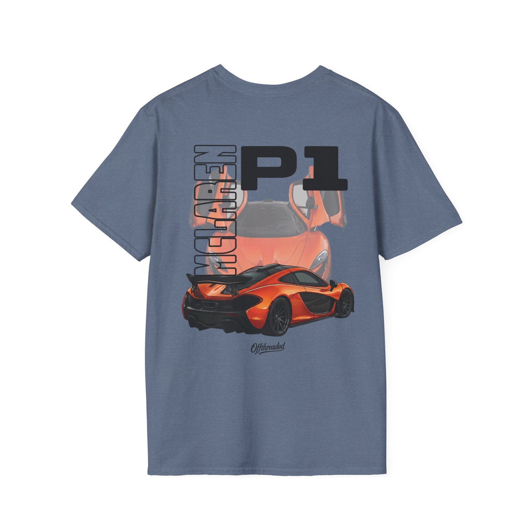 Blue t-shirt with McLaren P1 graphic on a white background
