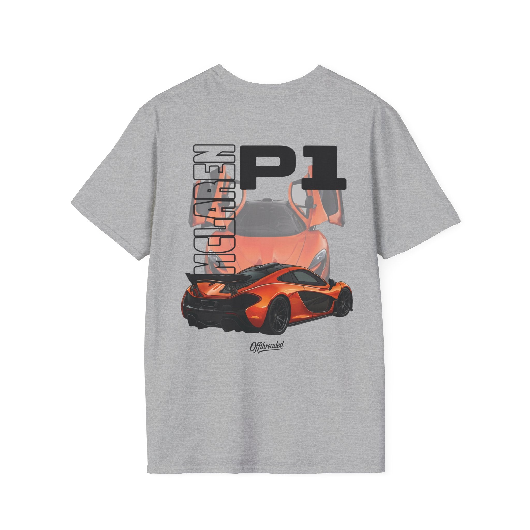 Gray t-shirt with McLaren P1 graphic on a white background